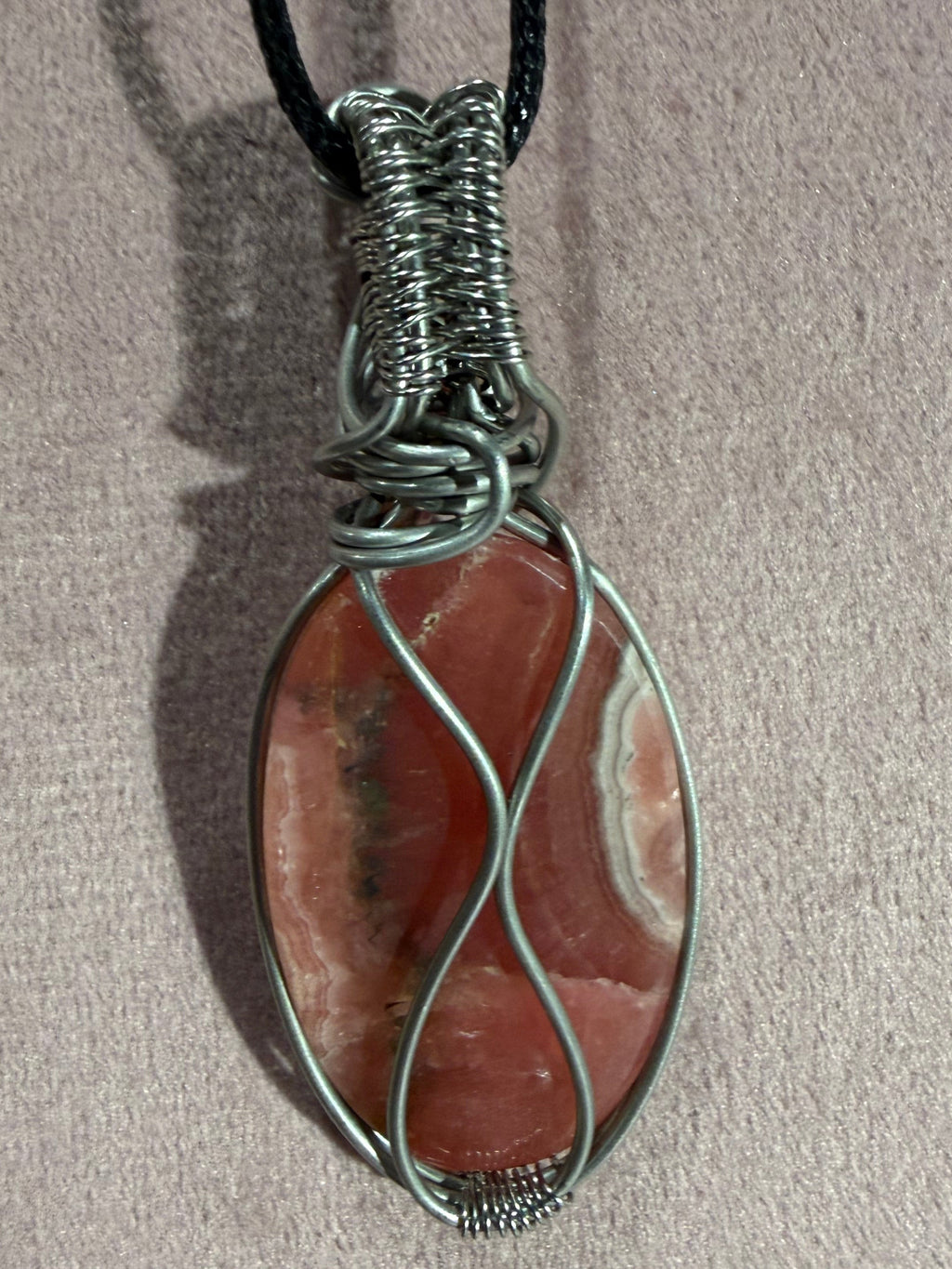 Rhodochrosite stainless steel wire-wrapped pendant