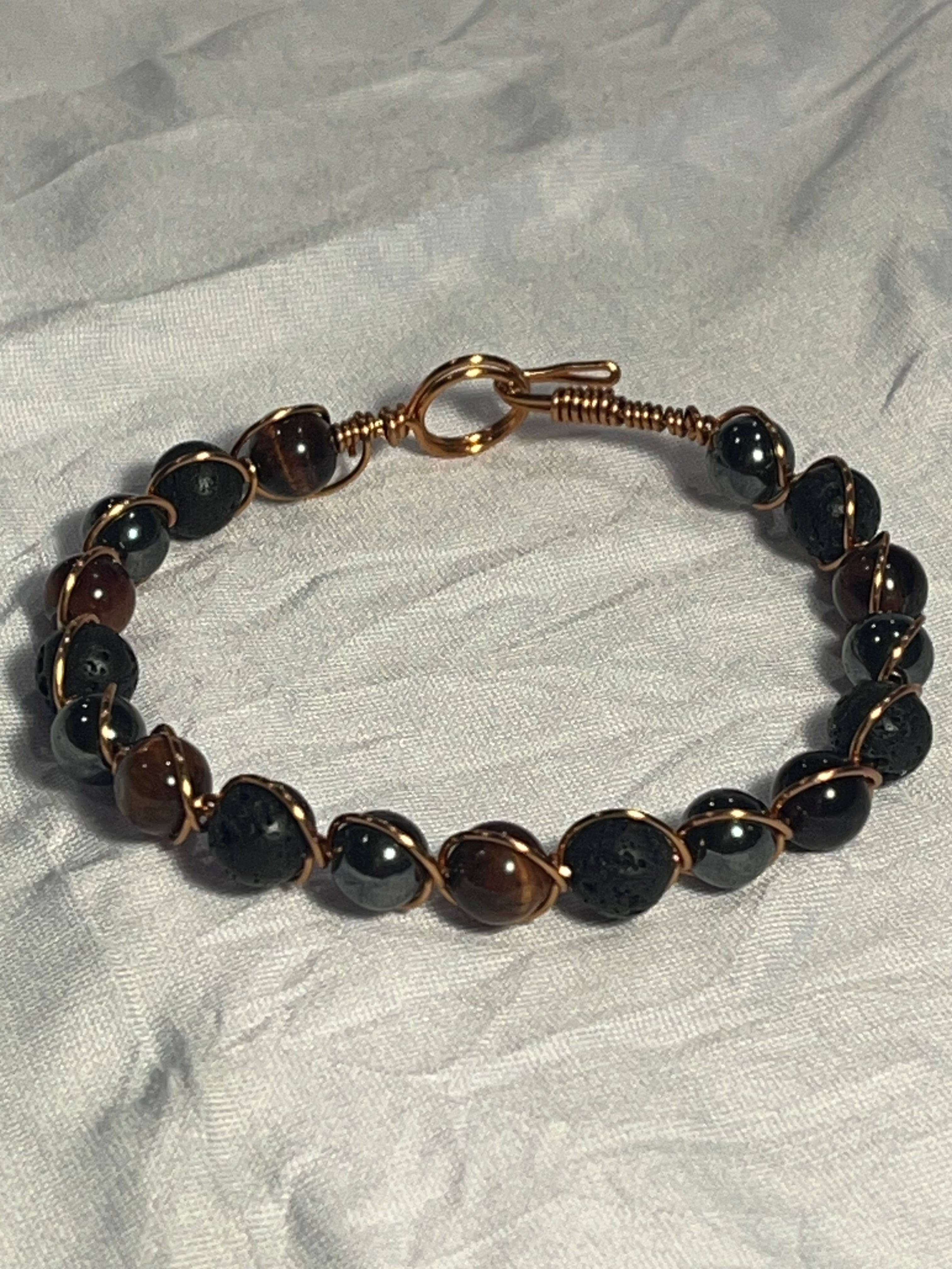 Hematite, Red Tiger's Eye & Lava Stone 7.5 inch copper wire-wrapped bracelet