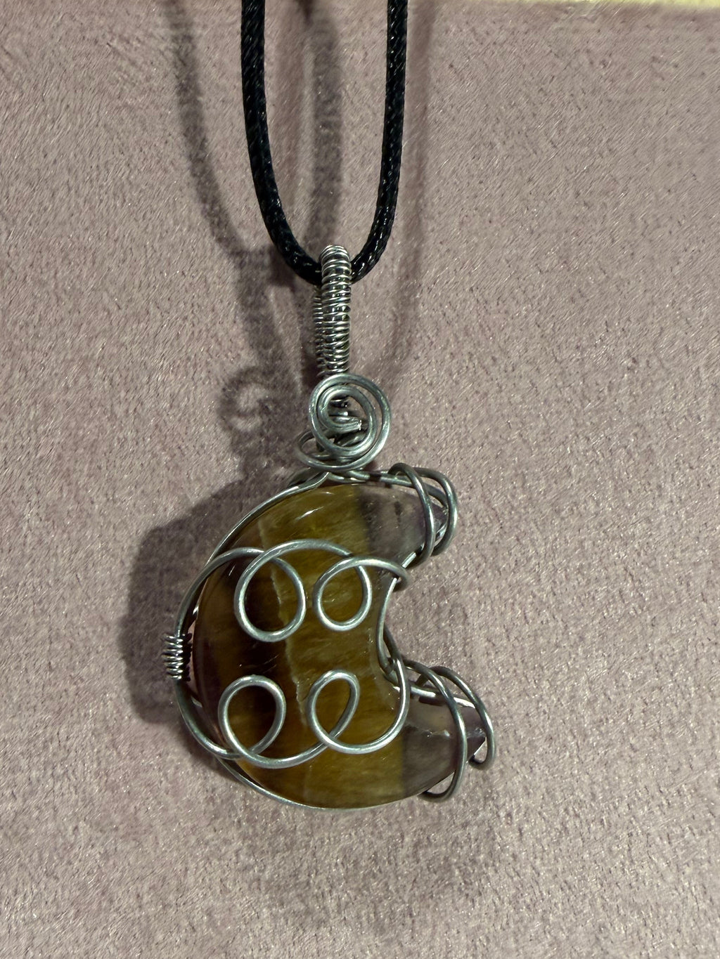 Fluorite moon stainless steel wire wrapped pendant