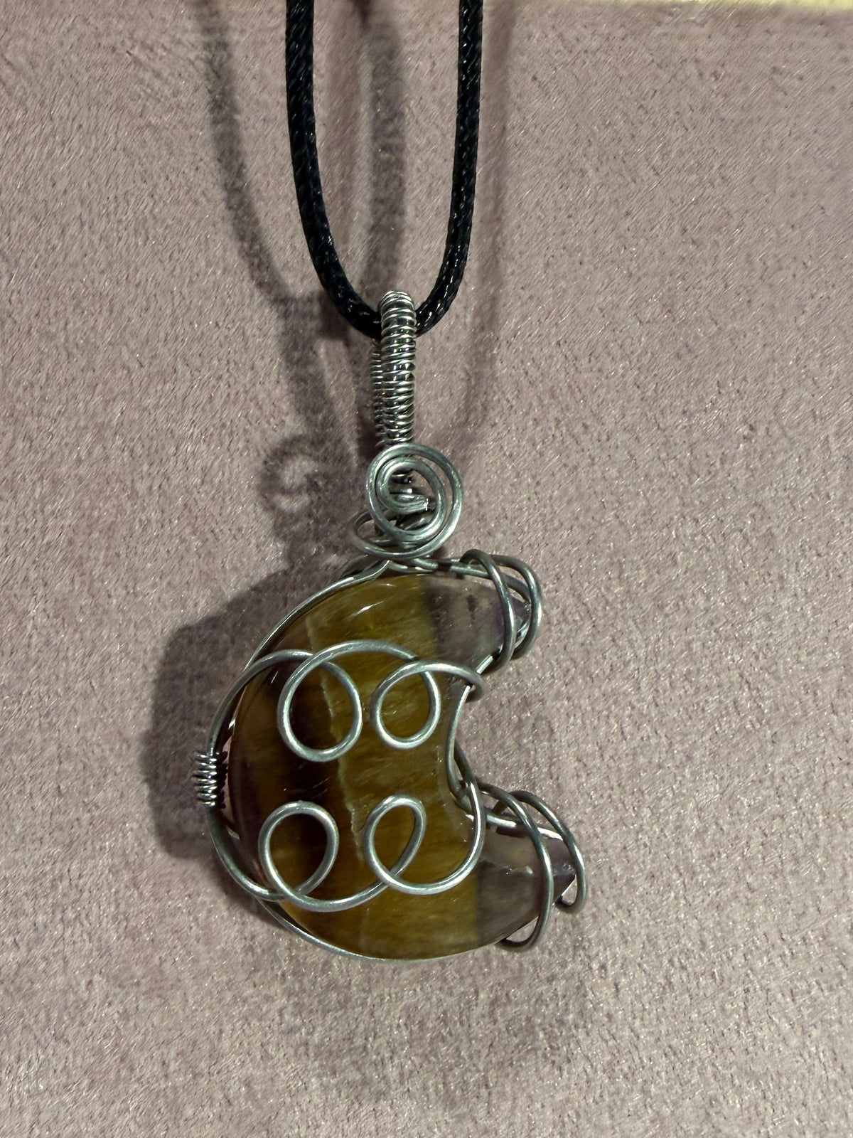 Fluorite moon stainless steel wire wrapped pendant