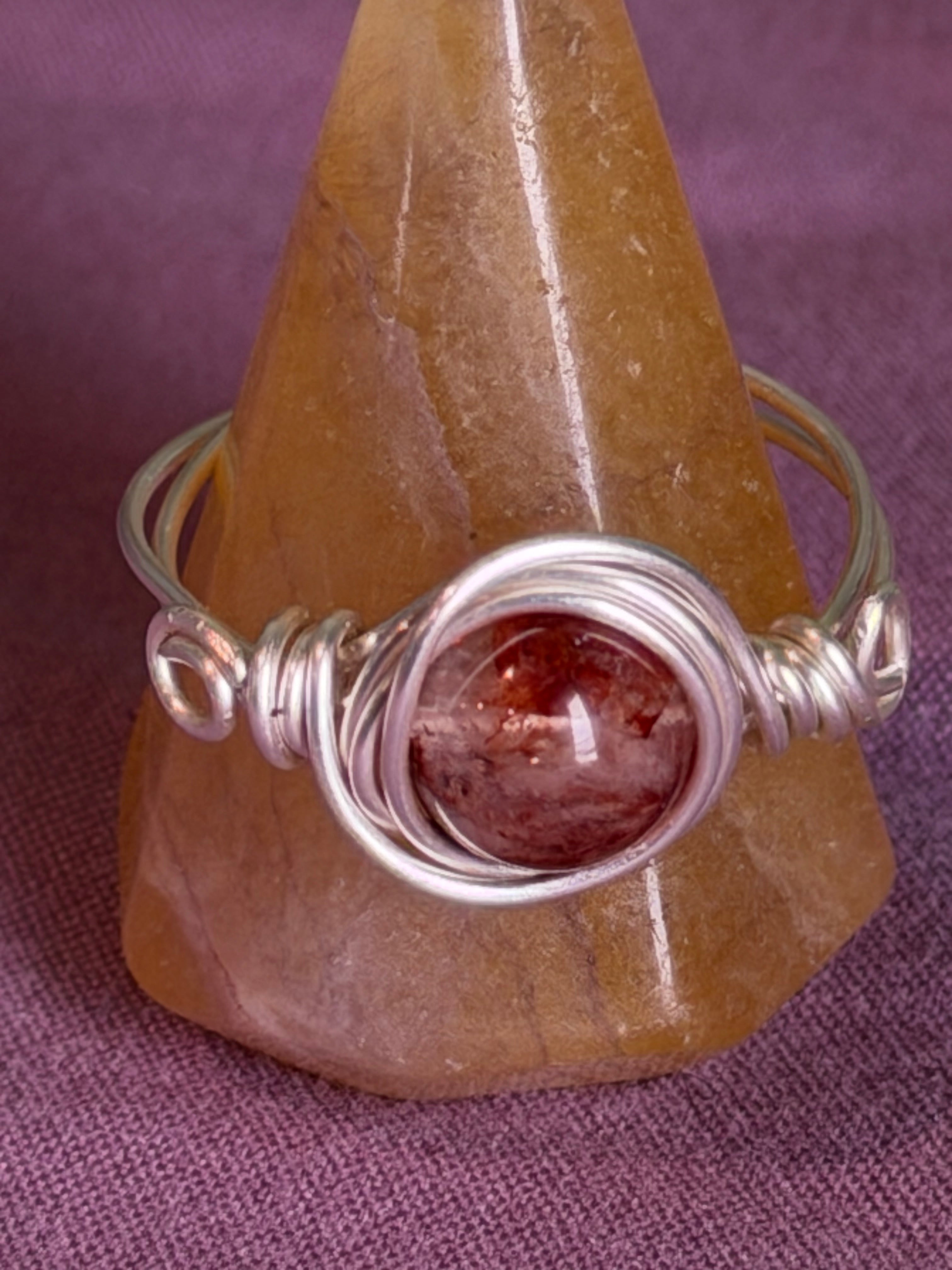 Fire Quartz size 9 silver-tone copper wire-wrapped ring