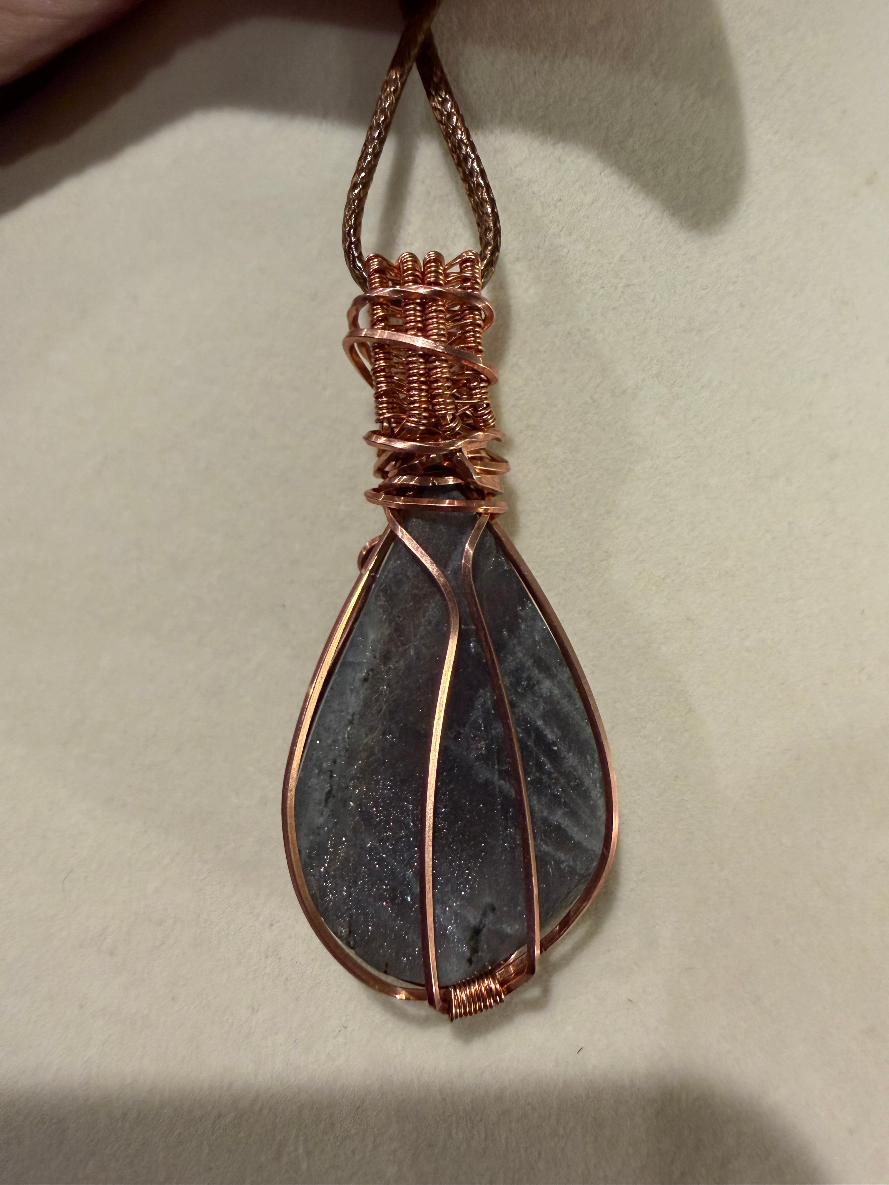 Purple flash Labradorite & Herkimer Diamond copper wire-wrapped pendant