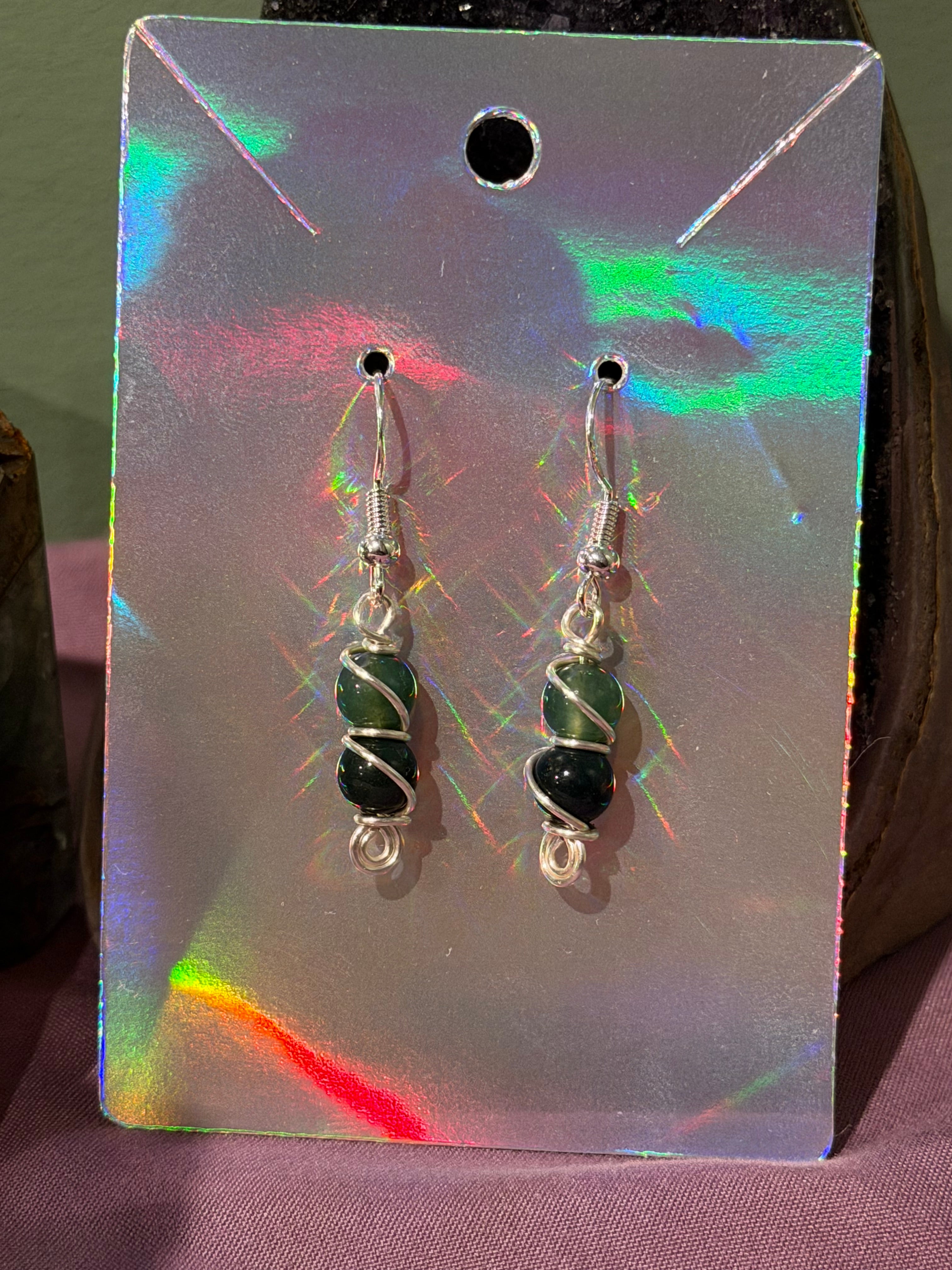 Double Moss Agate silver-tone copper wire-wrapped earrings