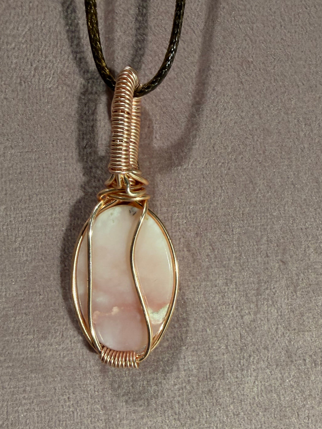 Pink Opal rose gold colored copper wire-wrapped pendant
