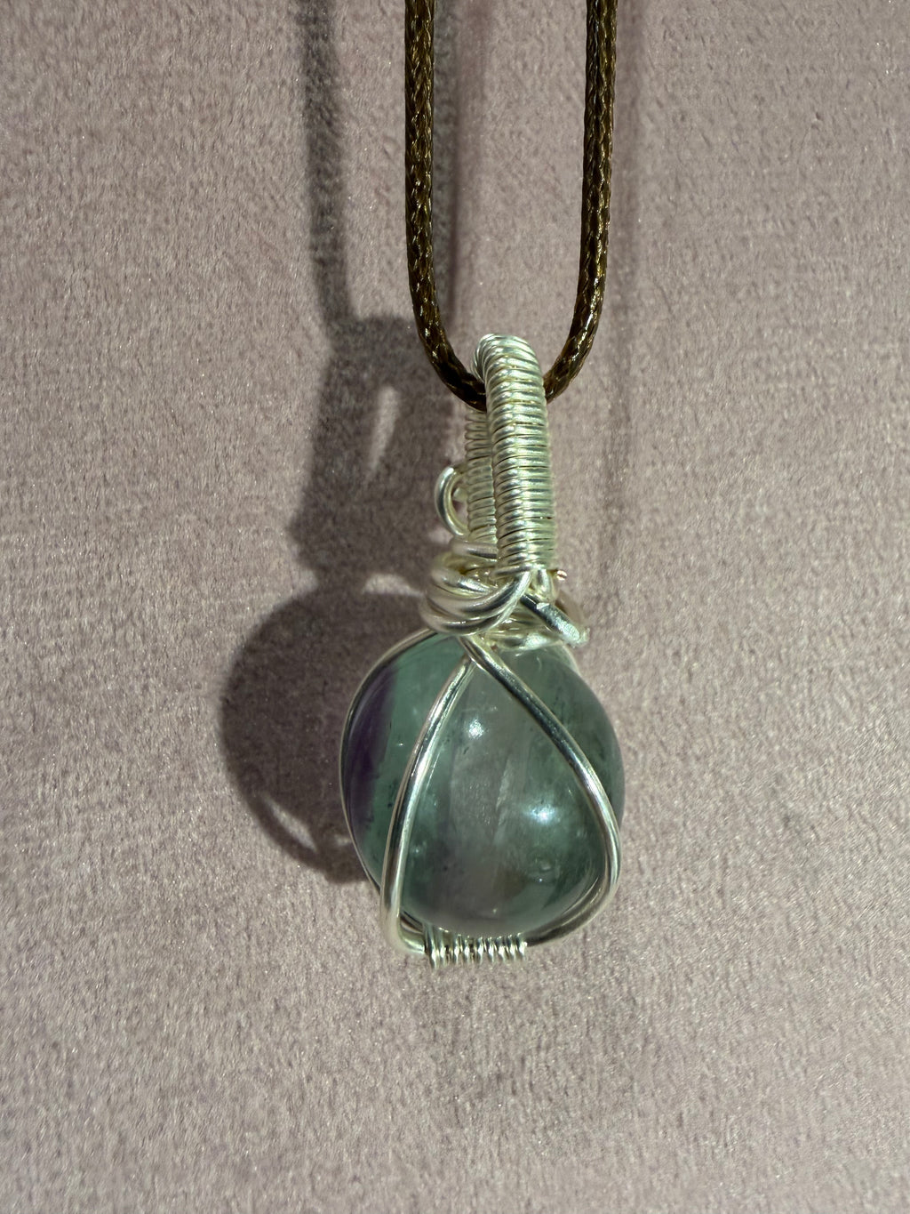 Fluorite mini sphere silver-tone copper wire-wrapped pendant