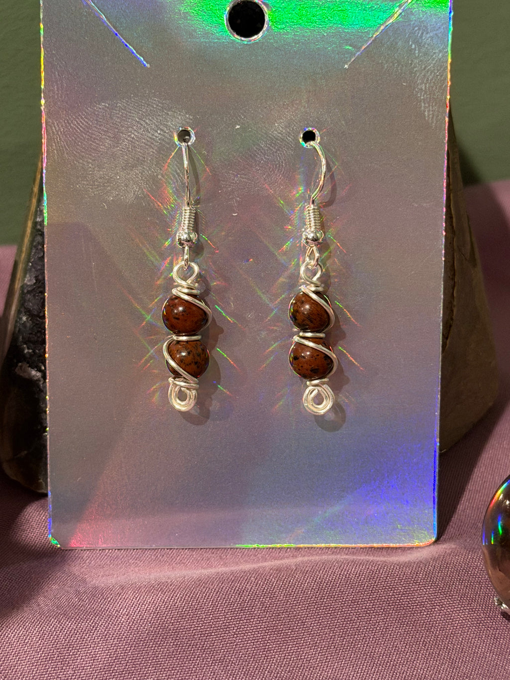 Double Mahogany Obsidian silver-tone copper wire-wrapped earrings