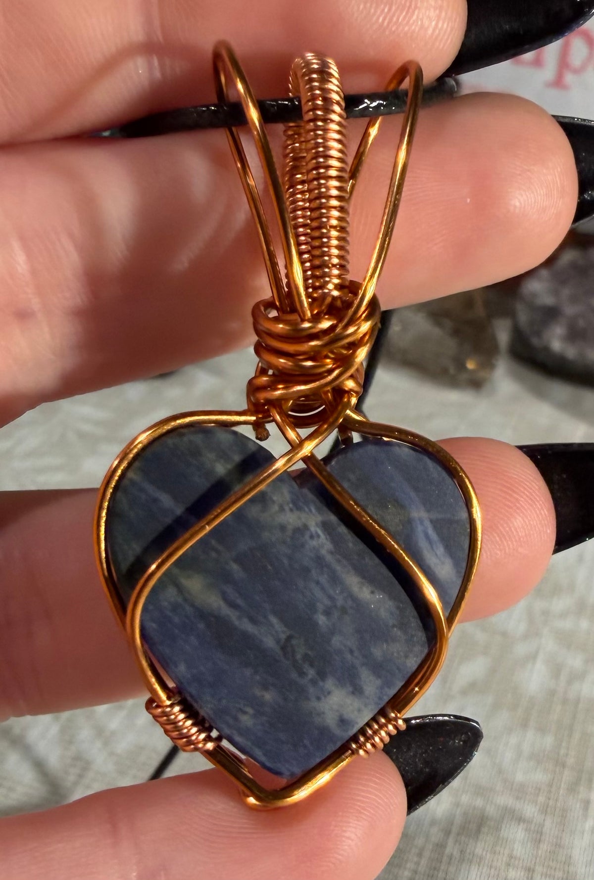 Sodalite heart copper wire-wrapped pendant