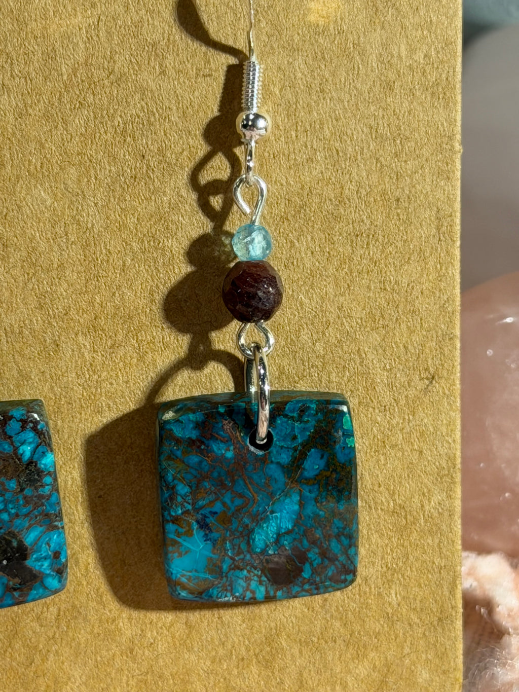 Shattuckite, Blue Topaz & Garnet beaded dangle earrings
