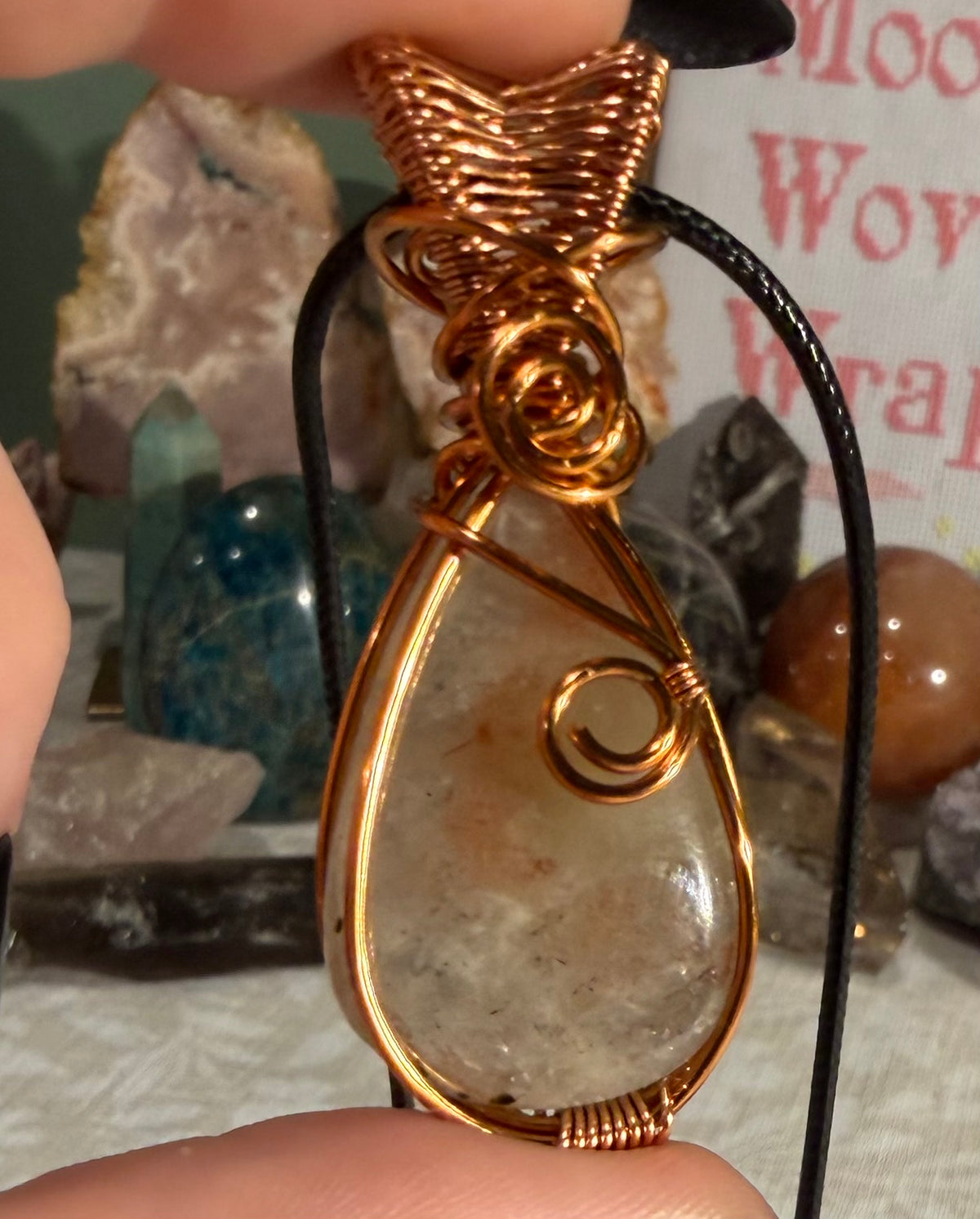 Gem Green Feldspar copper wire-wrapped pendant