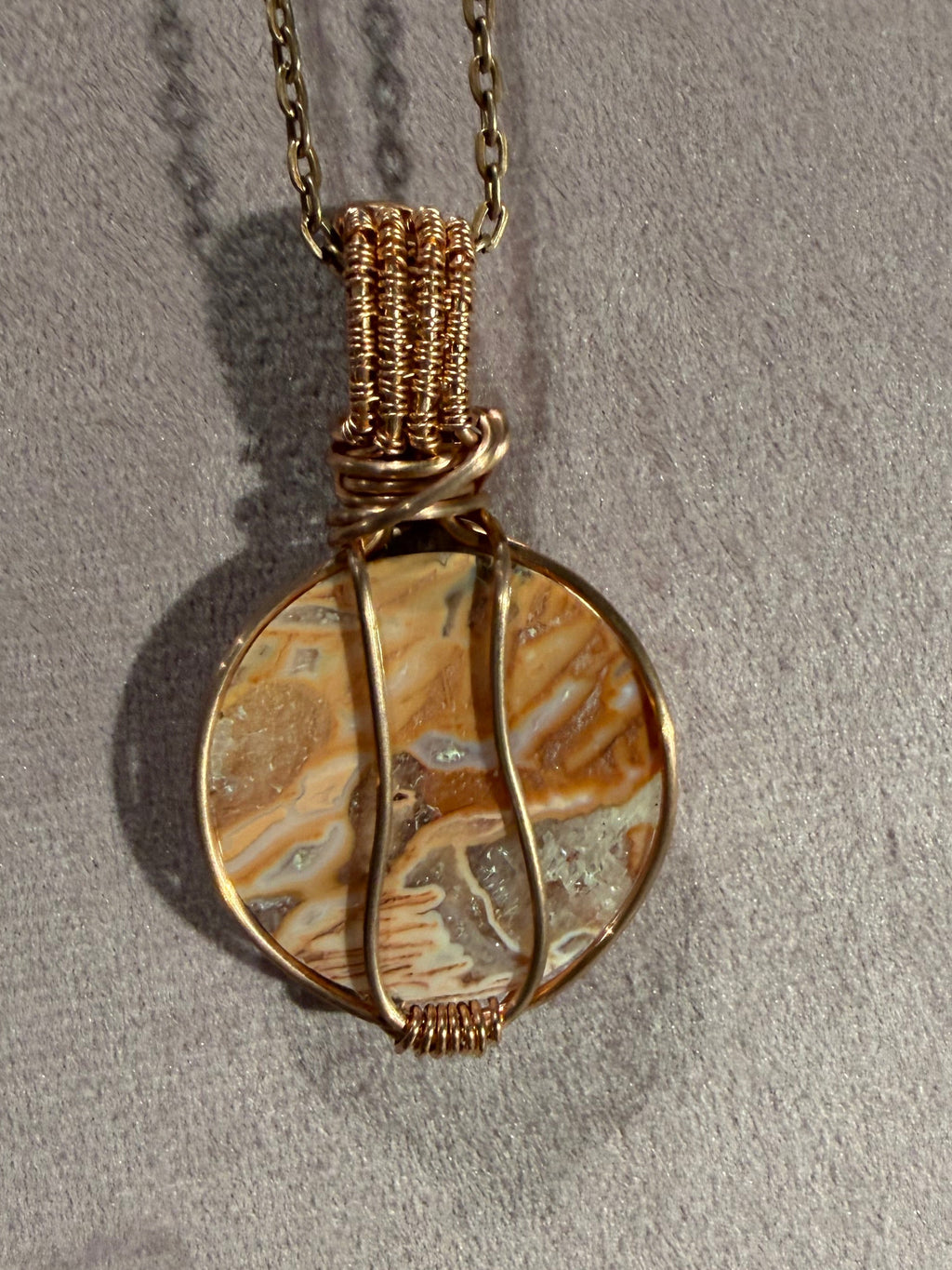 Pink Stick Agate & Citrine copper wire-wrapped pendant