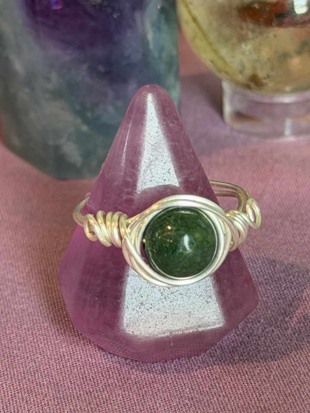 Moss Agate size 8 silver-tone copper wire-wrapped ring