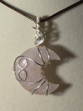 Rose Quartz silver-tone copper wire-wrapped moon pendant