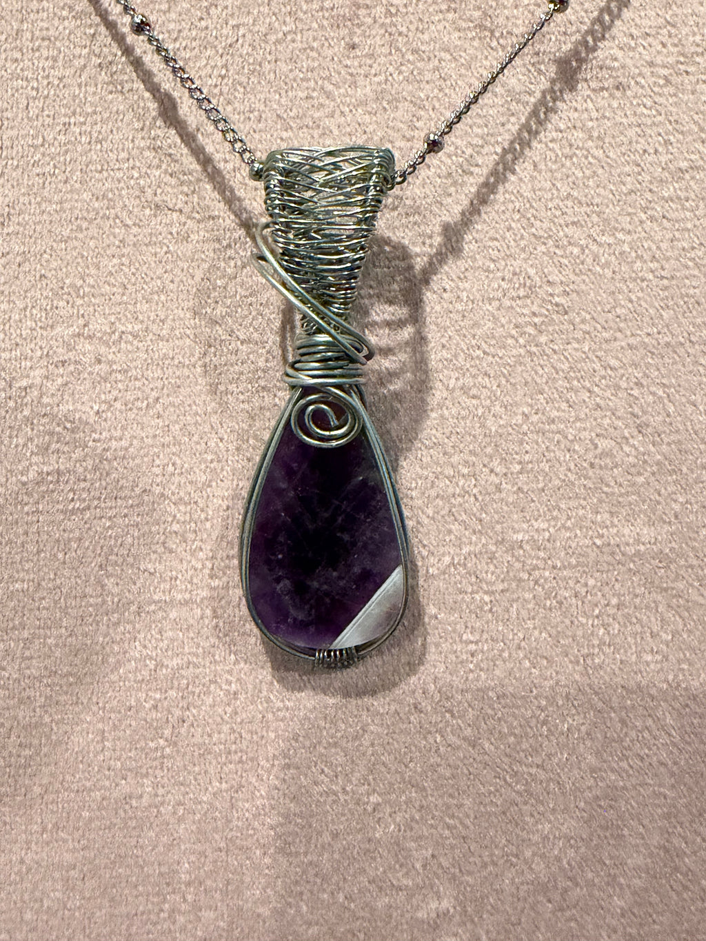 Amethyst stainless-steel wire-wrapped pendant
