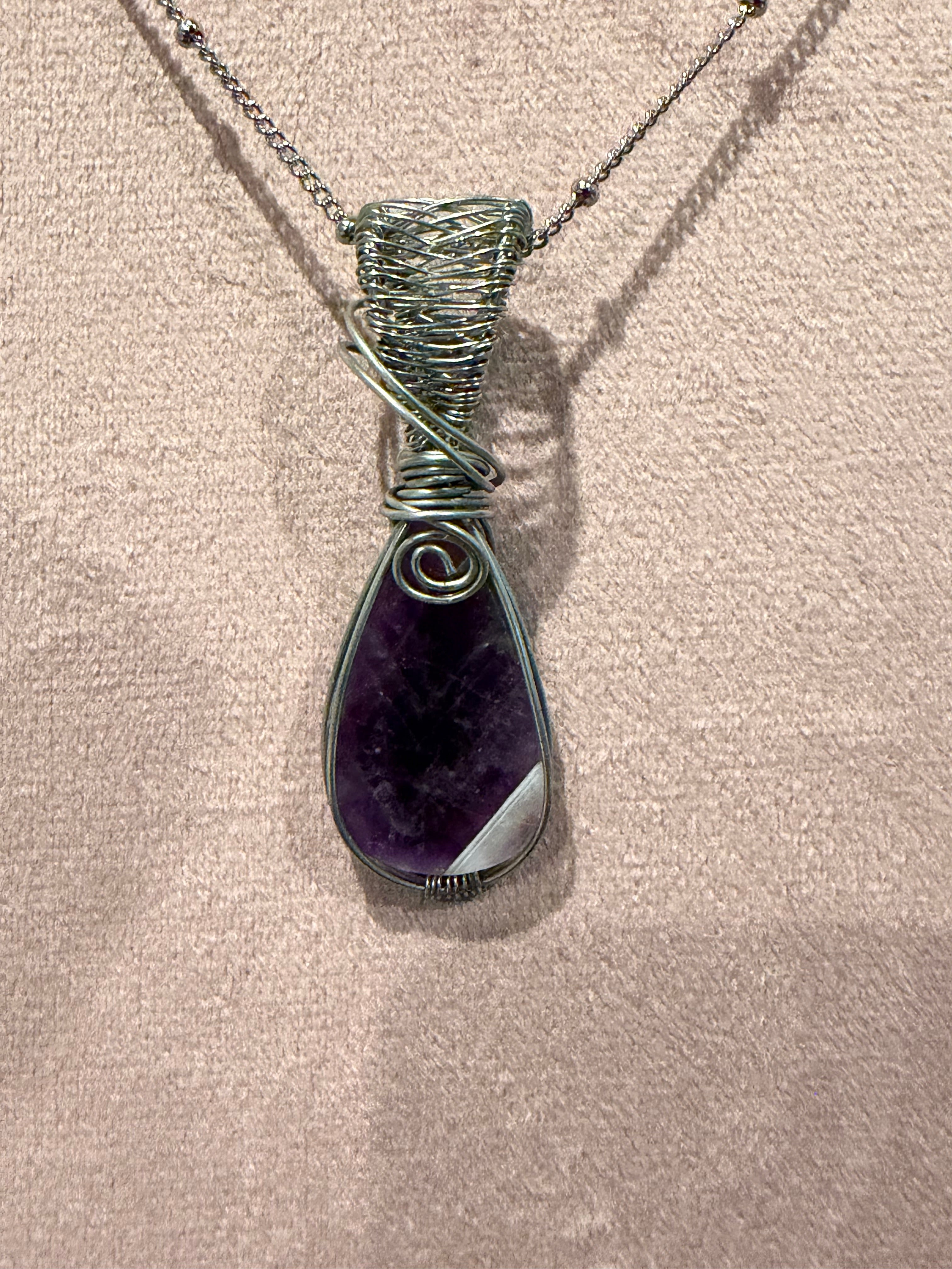 Amethyst stainless-steel wire-wrapped pendant