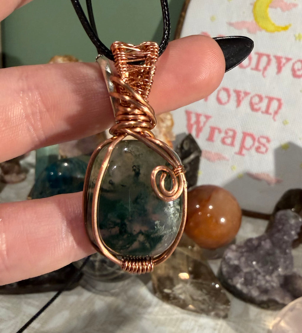Moss Agate copper wire-wrapped pendant