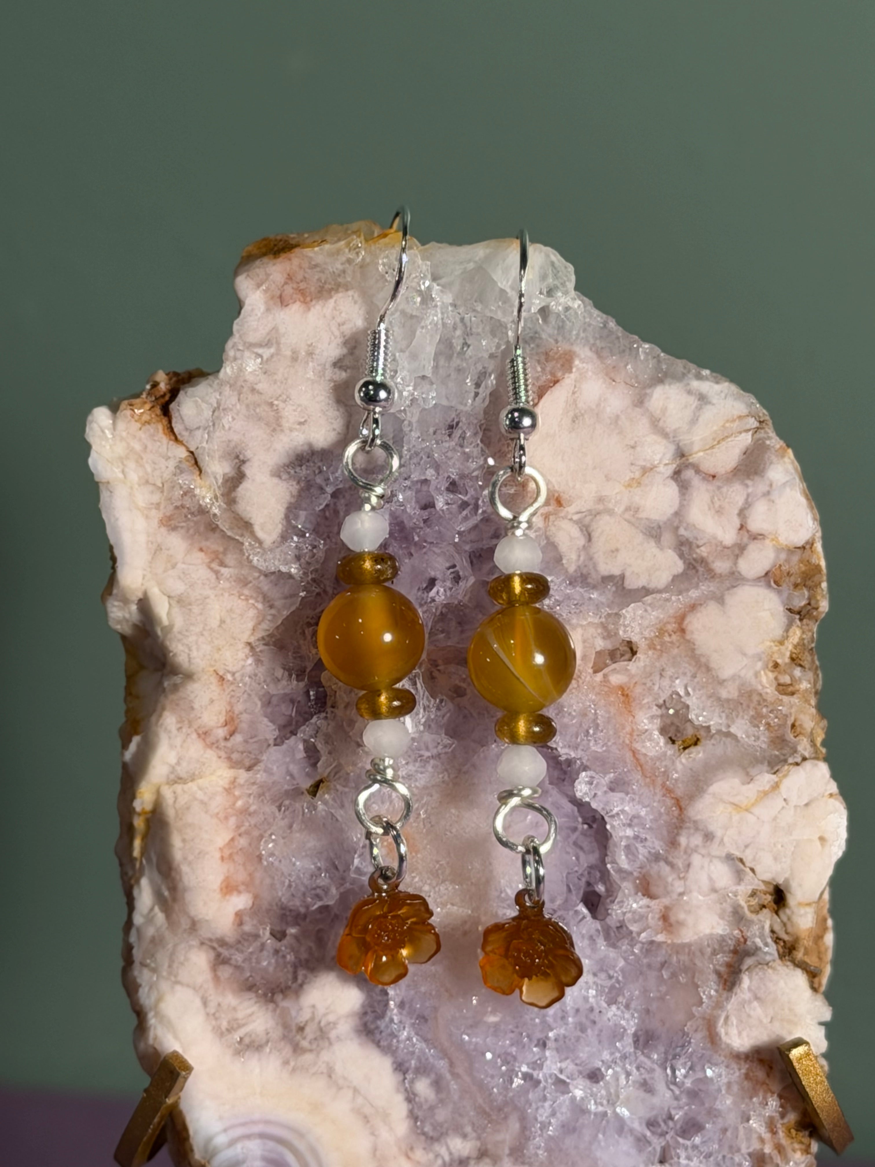 Amber, Yellow Tourmaline & white glass beaded flower silver-tone earrings