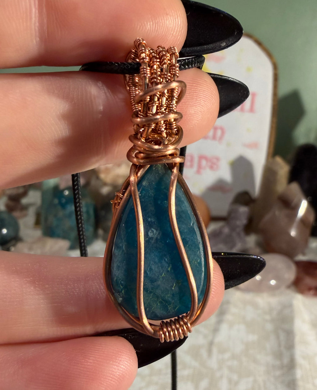 Blue Apatite & Herkimer Diamond copper wire-wrapped pendant