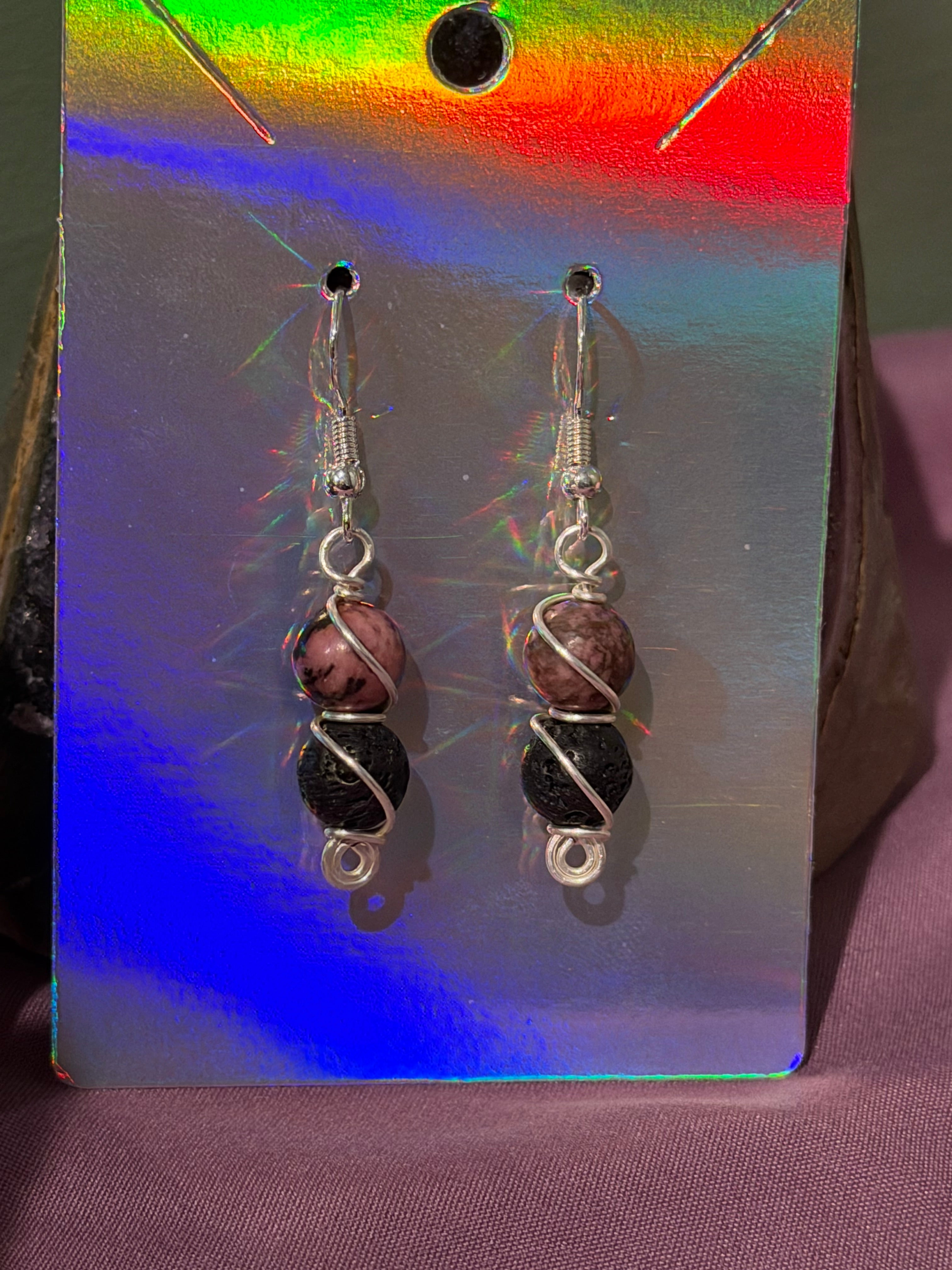 Rhodonite & Lava Stone silver-tone copper wire-wrapped earrings