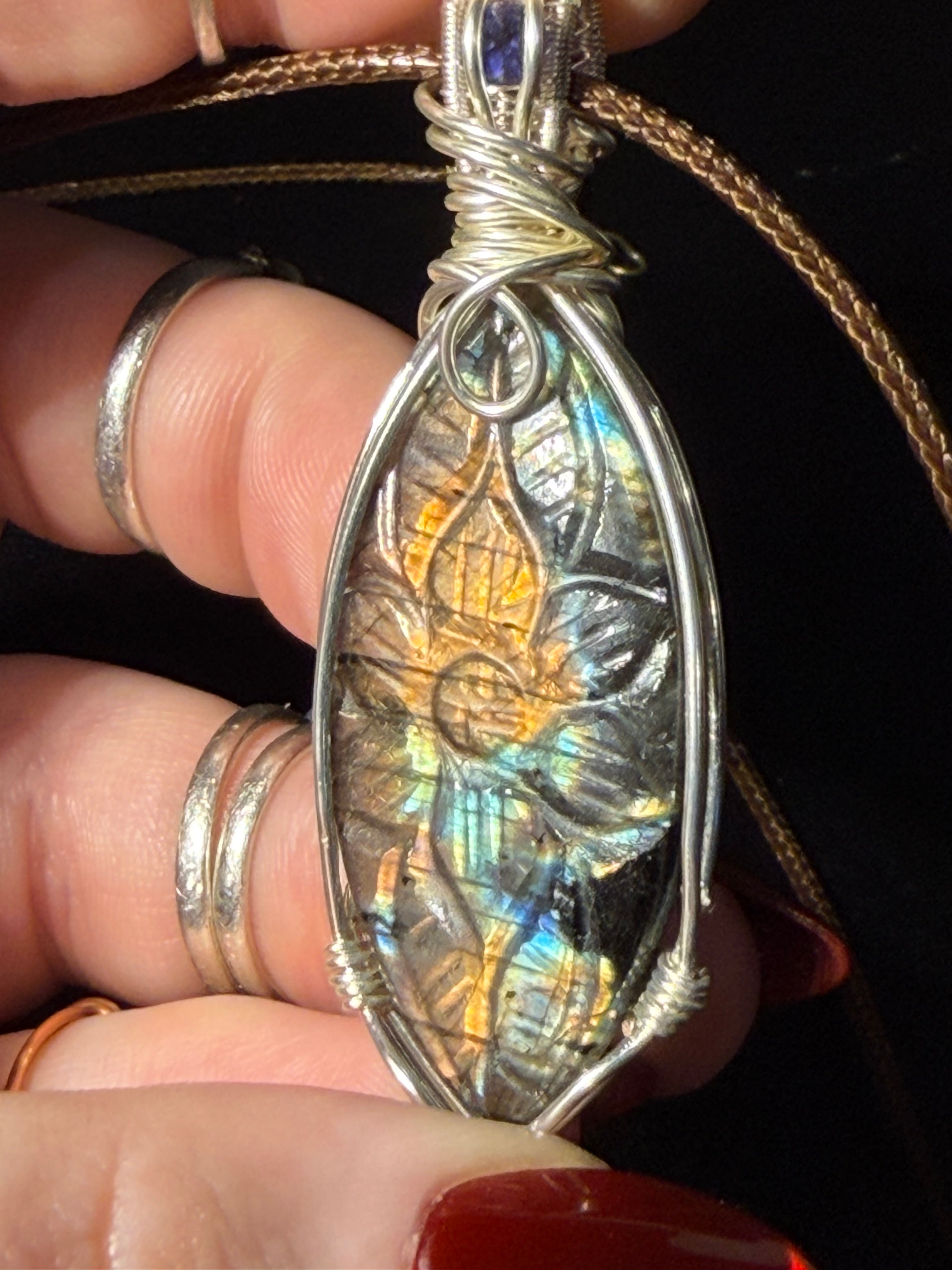 Flower Carved Labradorite & Iolite silver-tone copper wire-wrapped pendant