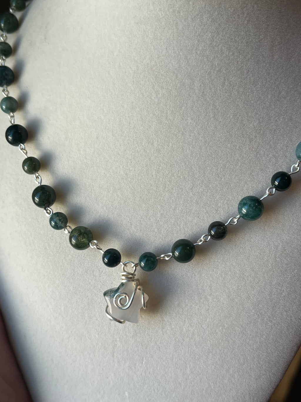 Moss Agate beaded wire-wrapped star necklace