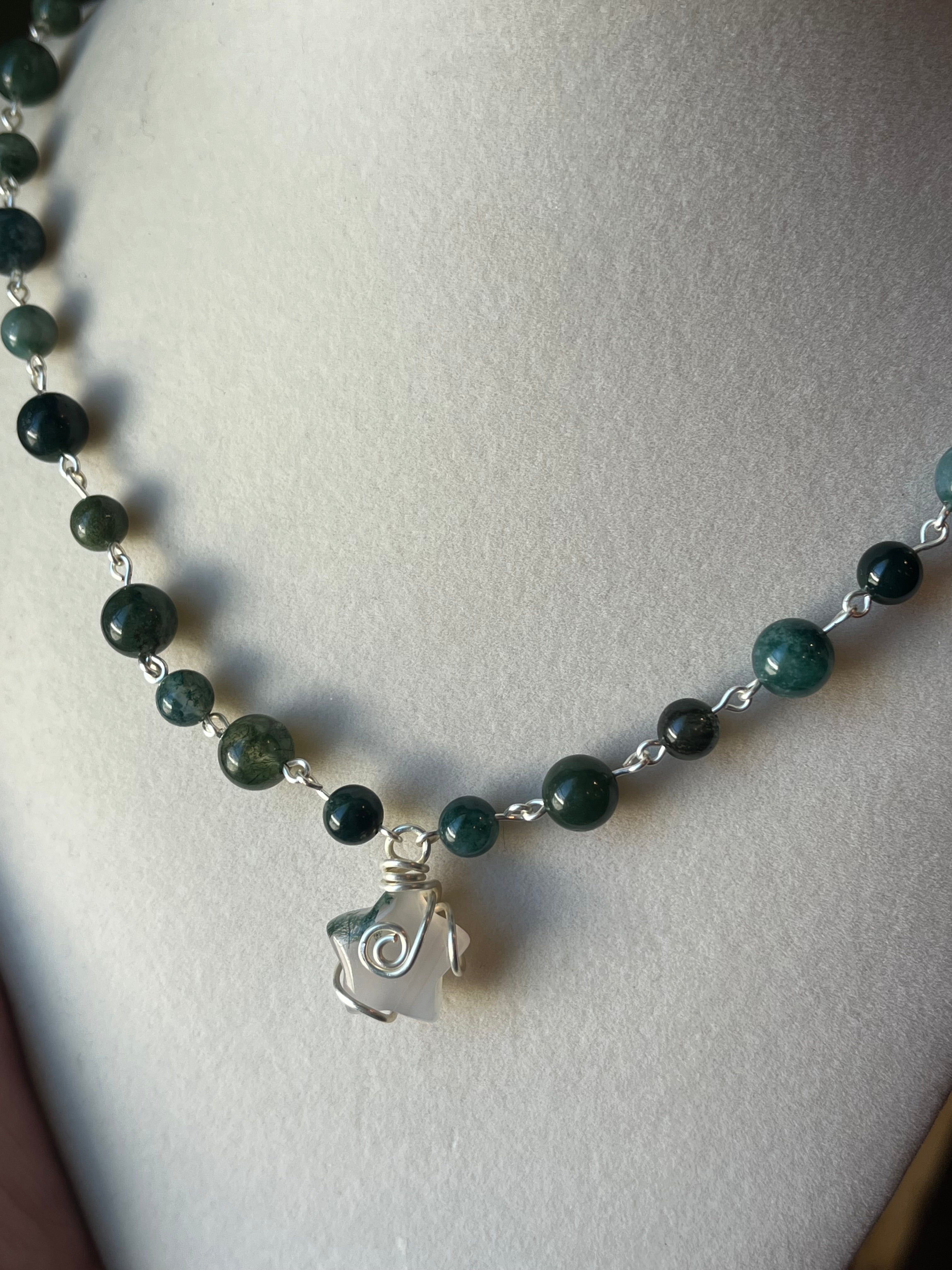 Moss Agate beaded wire-wrapped star necklace