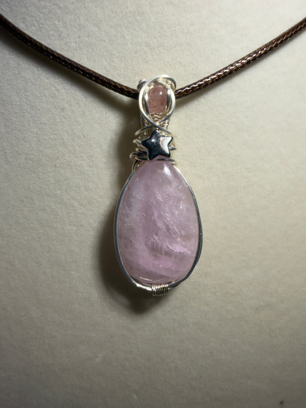 Kunzite & Strawberry Quartz silver-tone copper wire-wrapped necklace