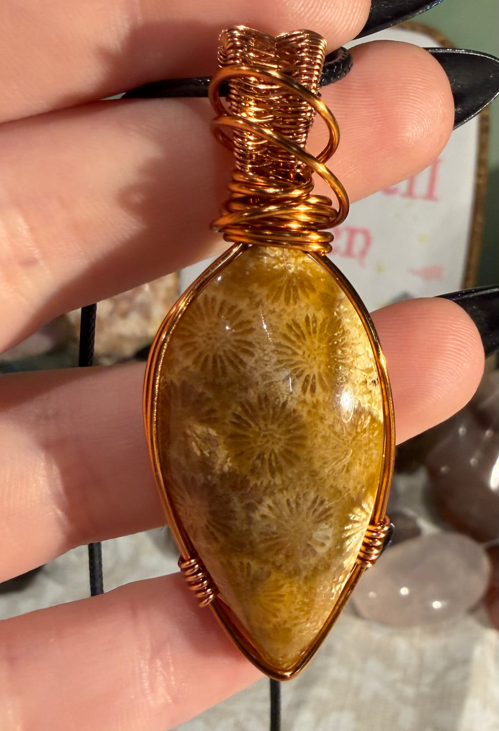 Fossil Coral copper wire-wrapped pendant