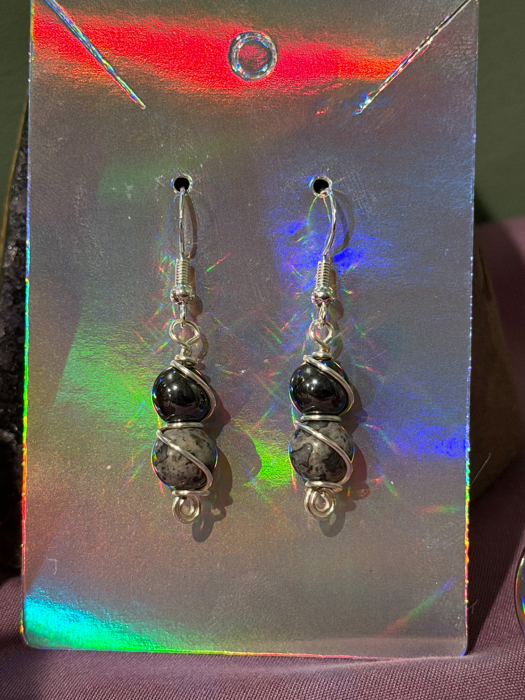 Hematite & Picasso Jasper silver-tone copper wire-wrapped earrings
