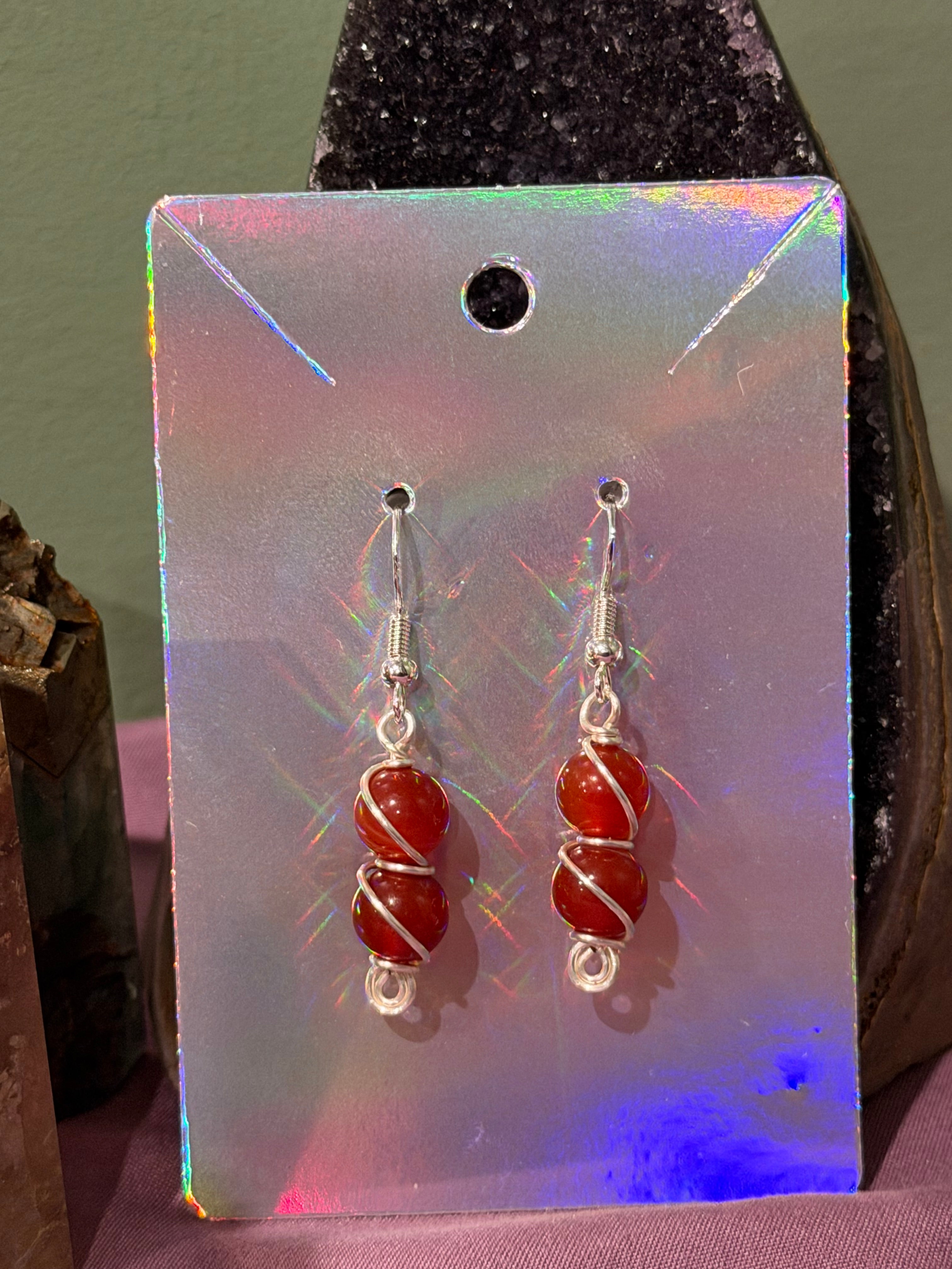 Double Carnelian silver-tone copper wire-wrapped earrings