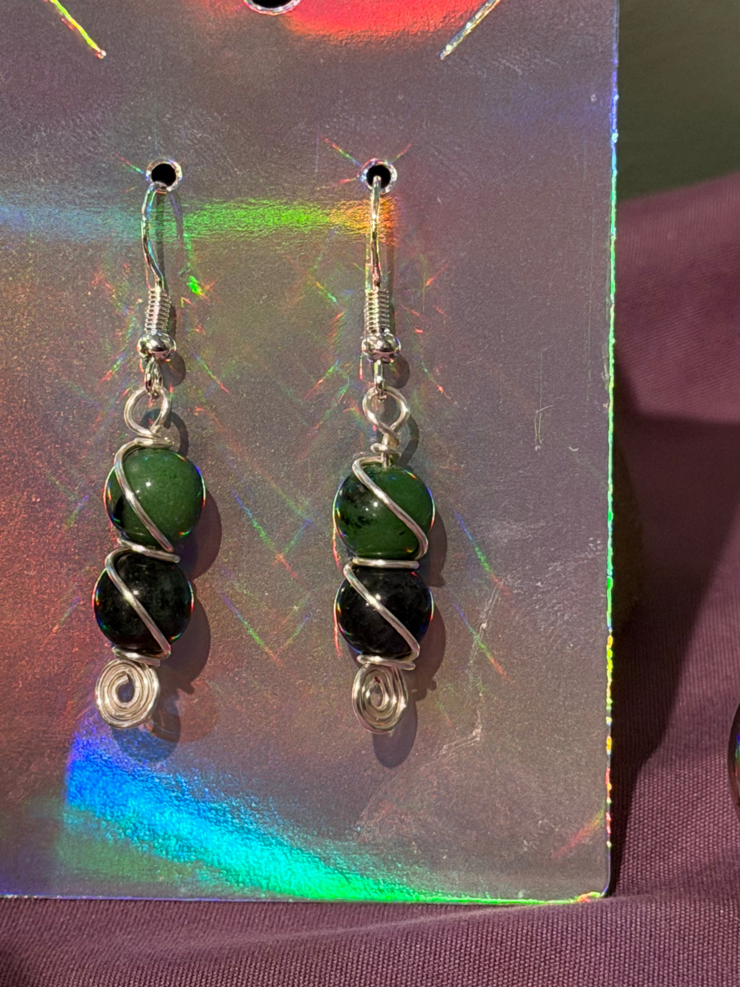 Double Zoisite silver-tone copper wire-wrapped earrings