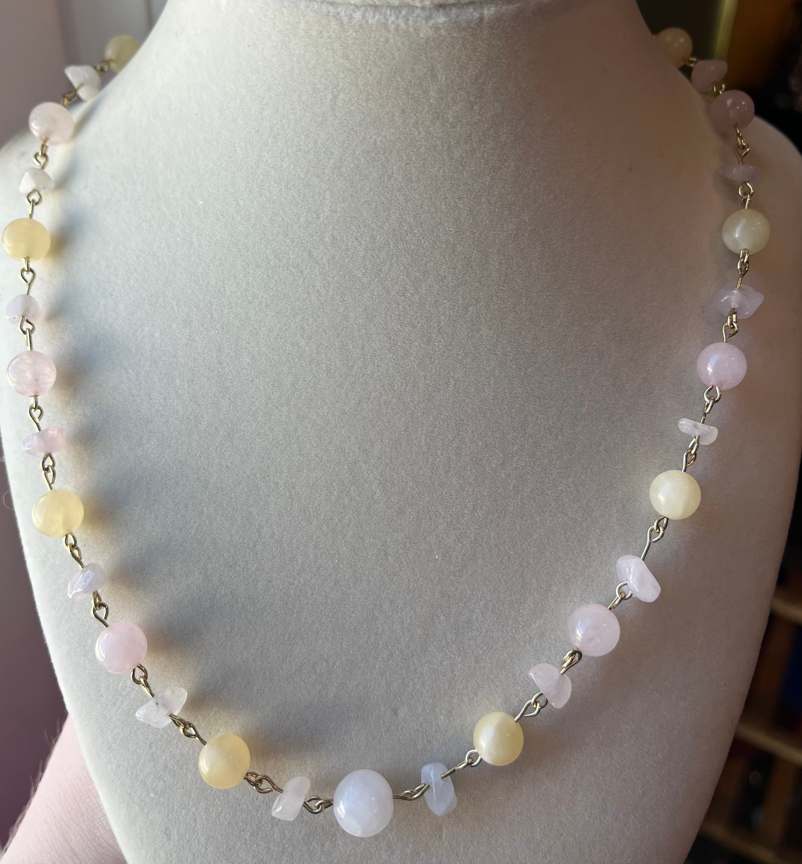 Rose Quartz & Yellow Jade beaded gold-tone copper wire wrapped necklace