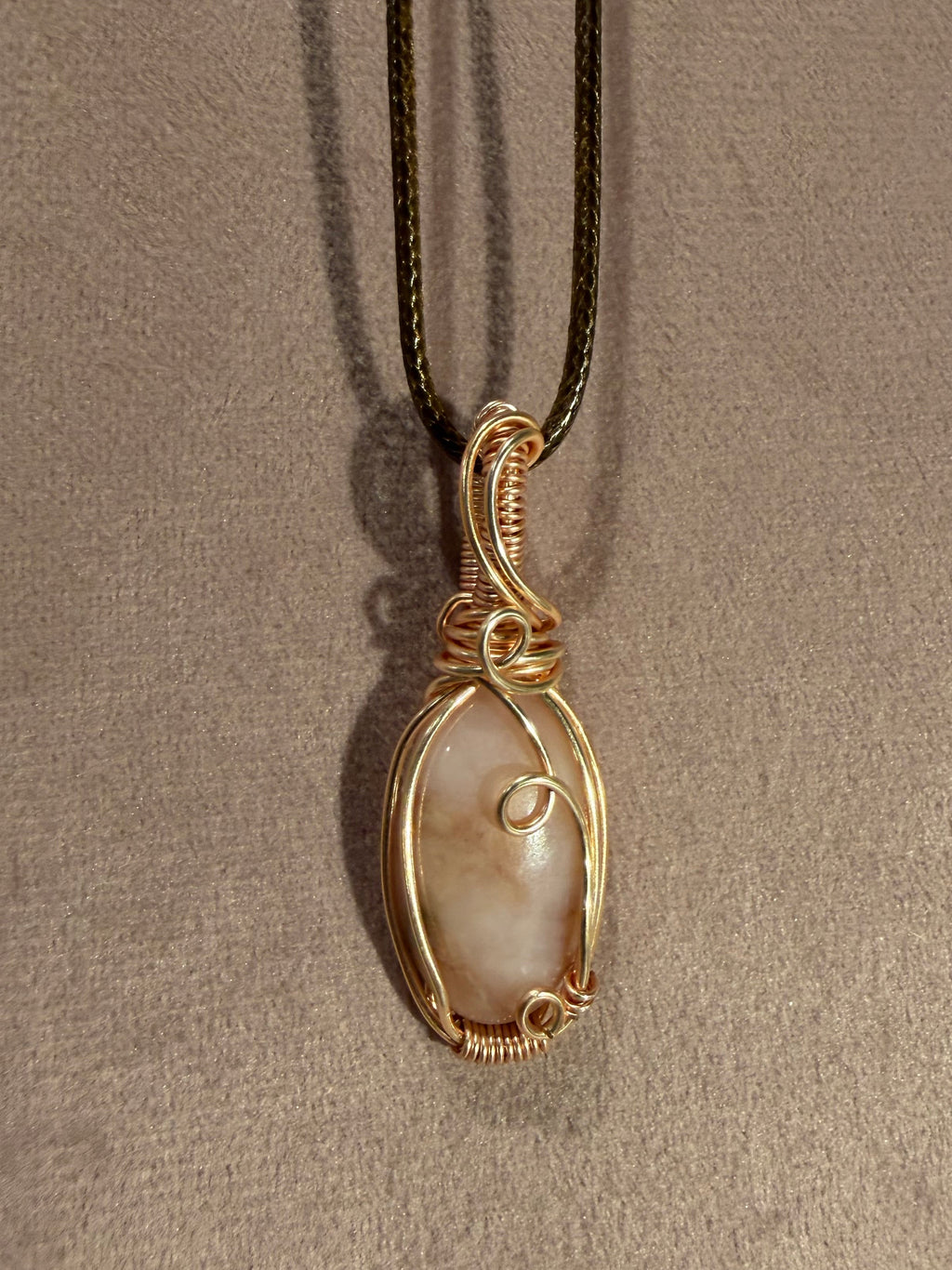 Pink Opal rose gold colored copper wire-wrapped pendant