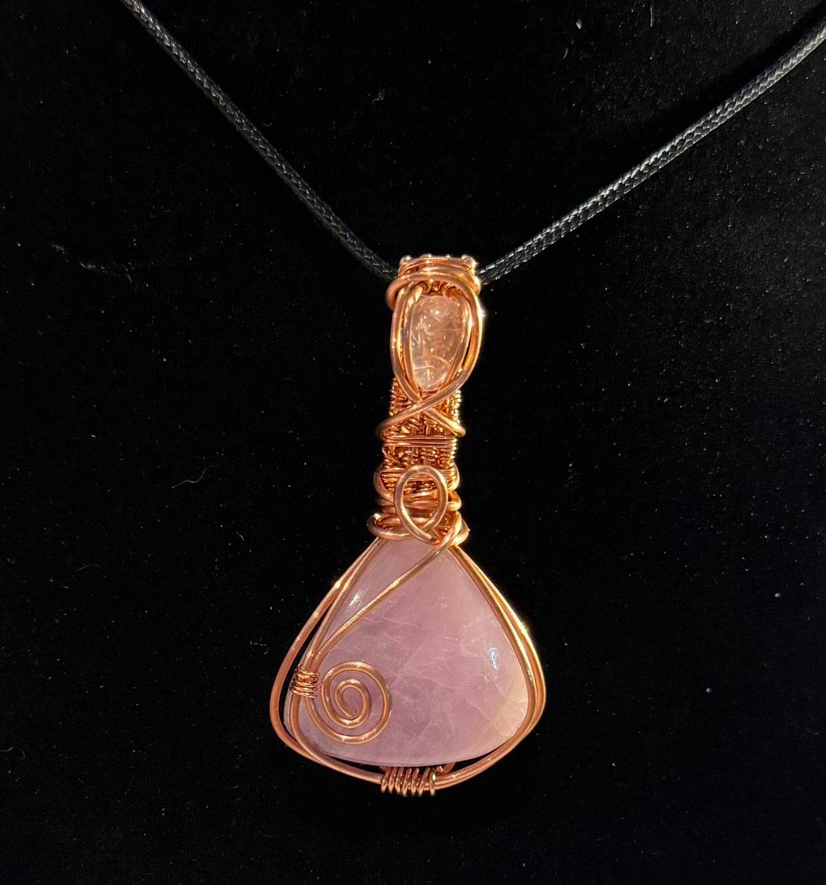 Kunzite & Rose Quartz copper wire-wrapped pendant