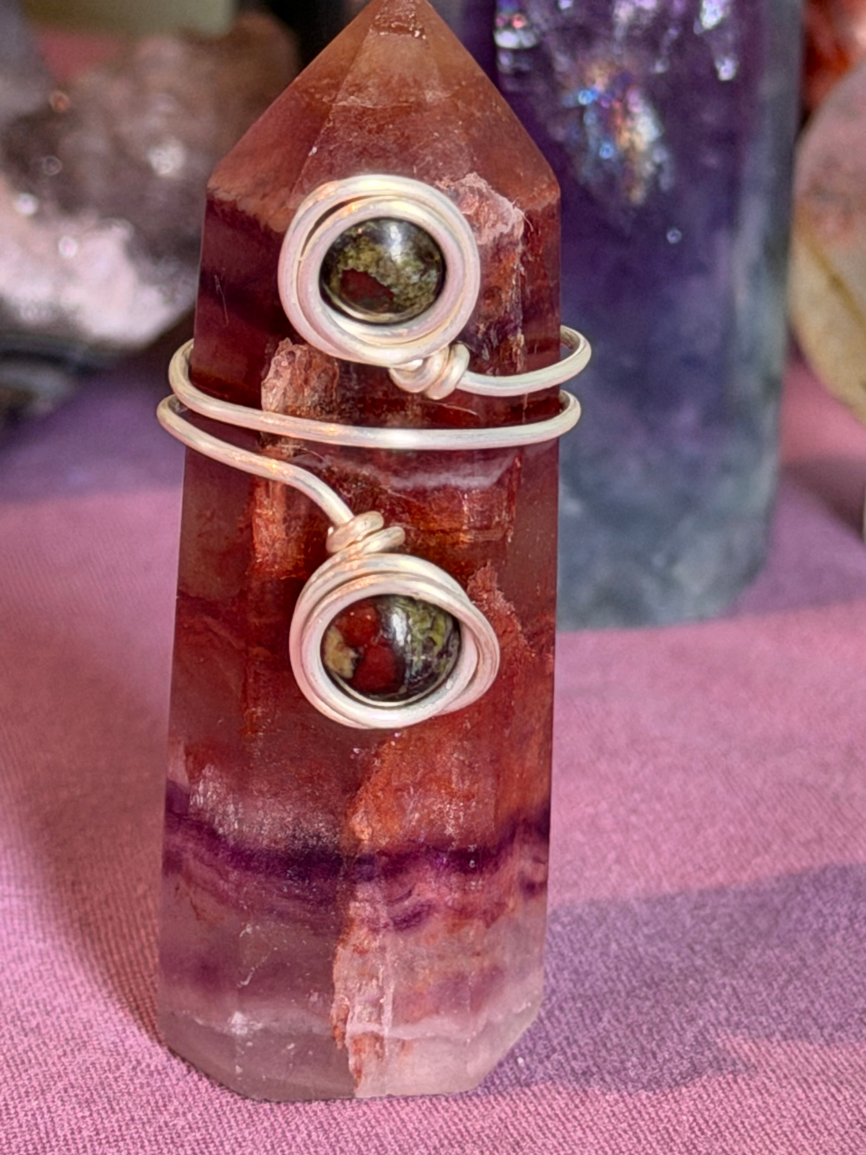 Double Dragon Stone size 6 silver-tone copper wire-wrapped ring