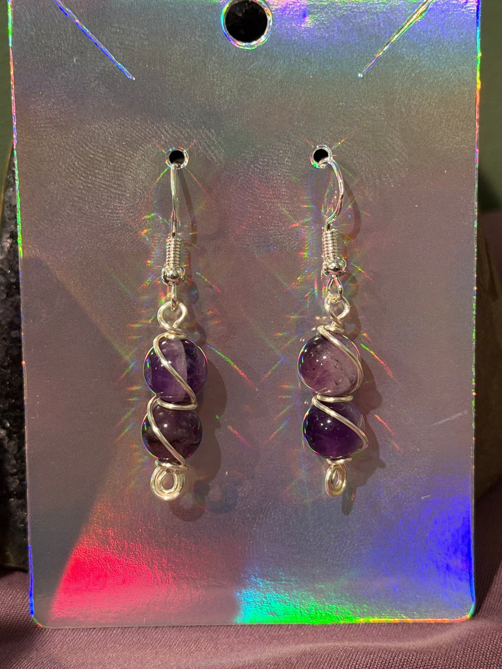 Double Amethyst silver-tone copper wire-wrapped earrings