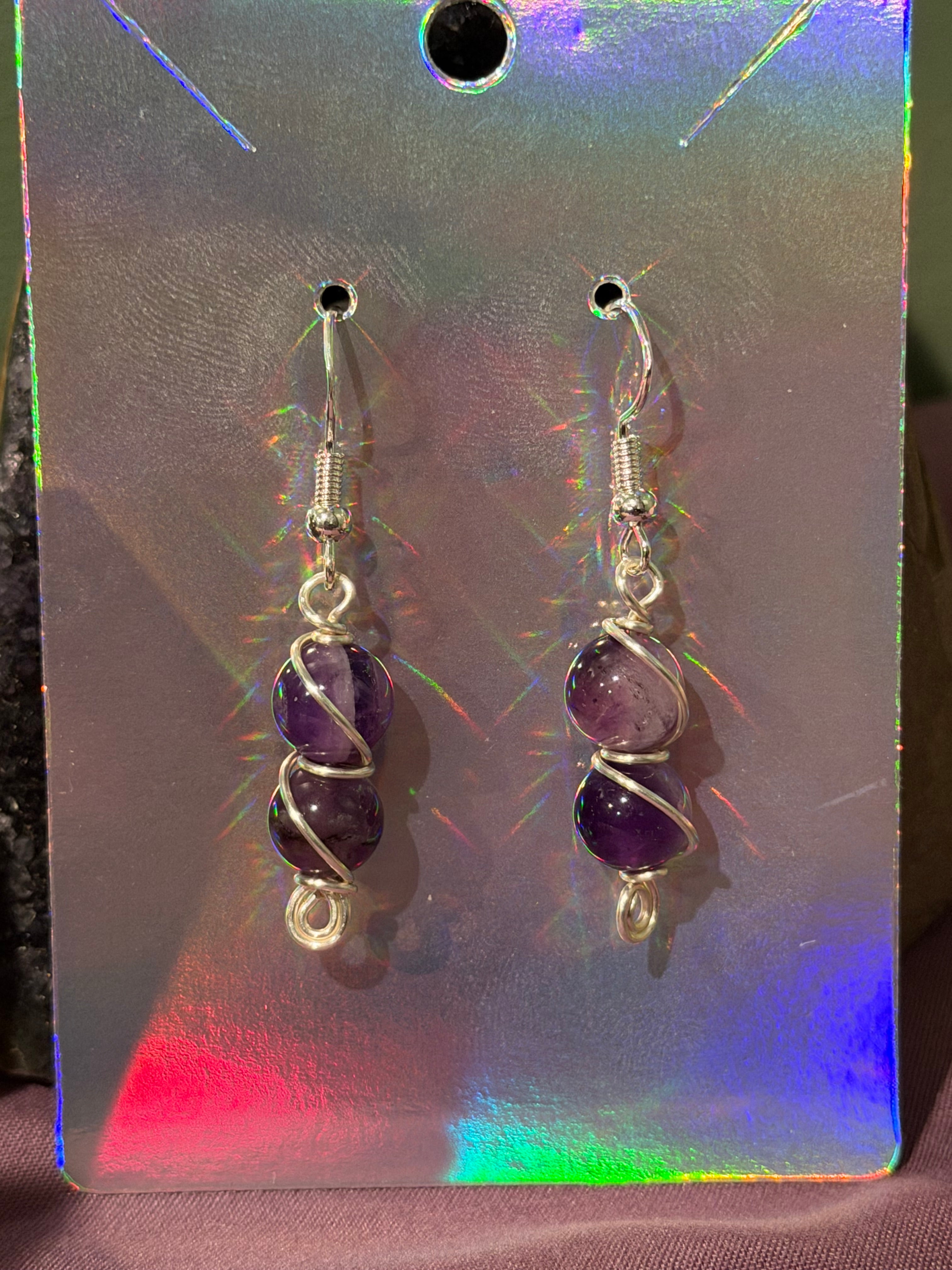 Double Amethyst silver-tone copper wire-wrapped earrings