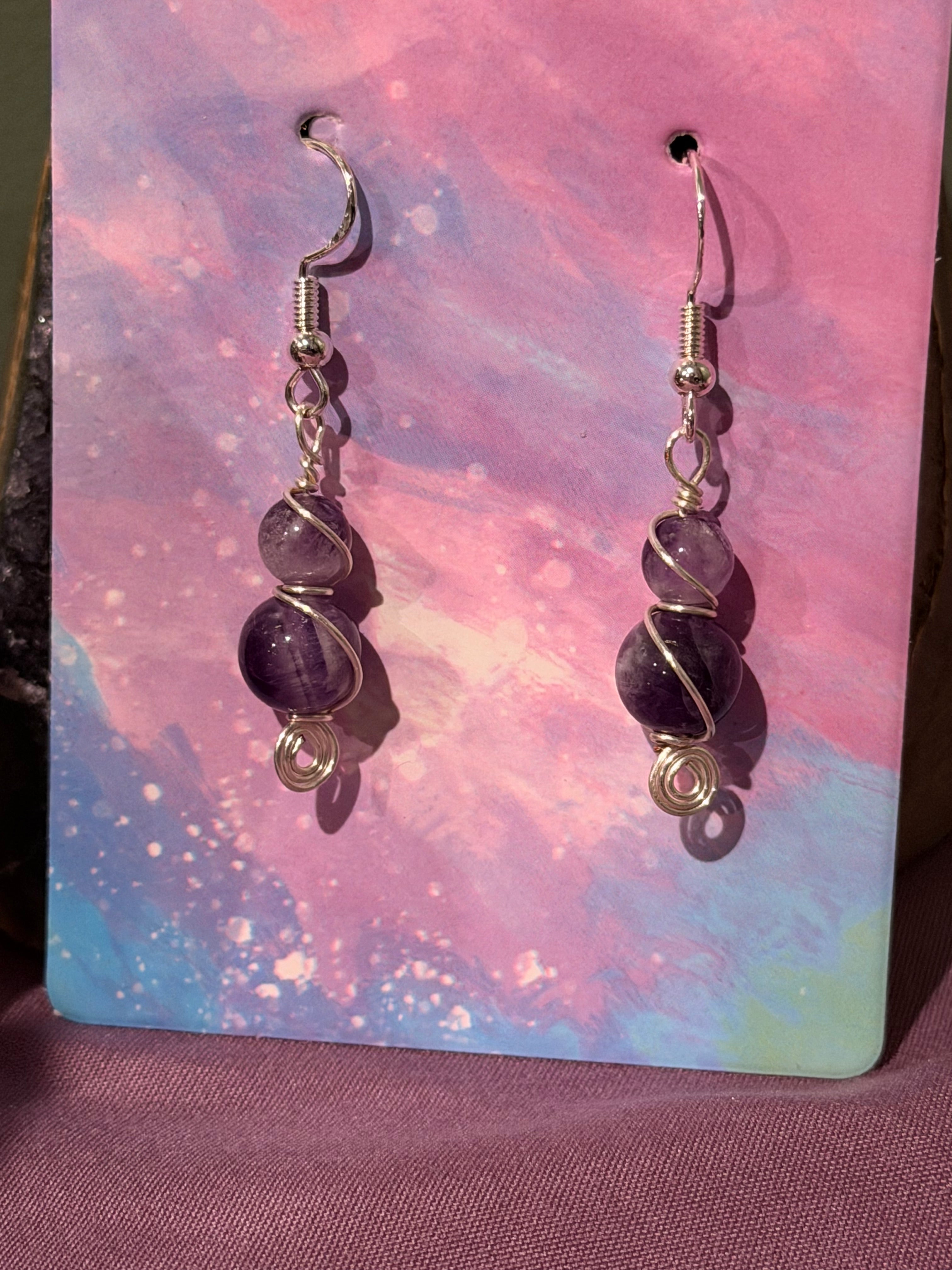 Double Amethyst silver-tone copper wire-wrapped earrings