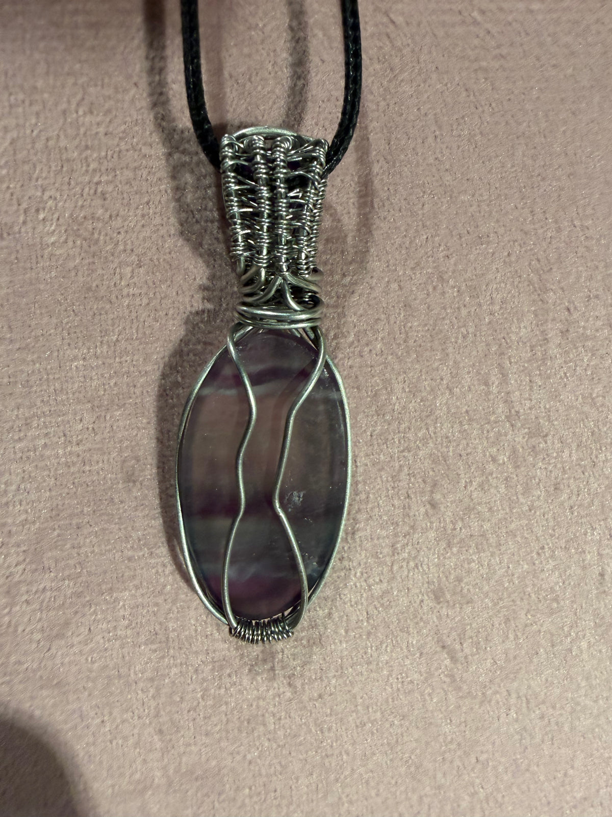 Fluorite & Amethyst stainless steel wire-wrapped pendant