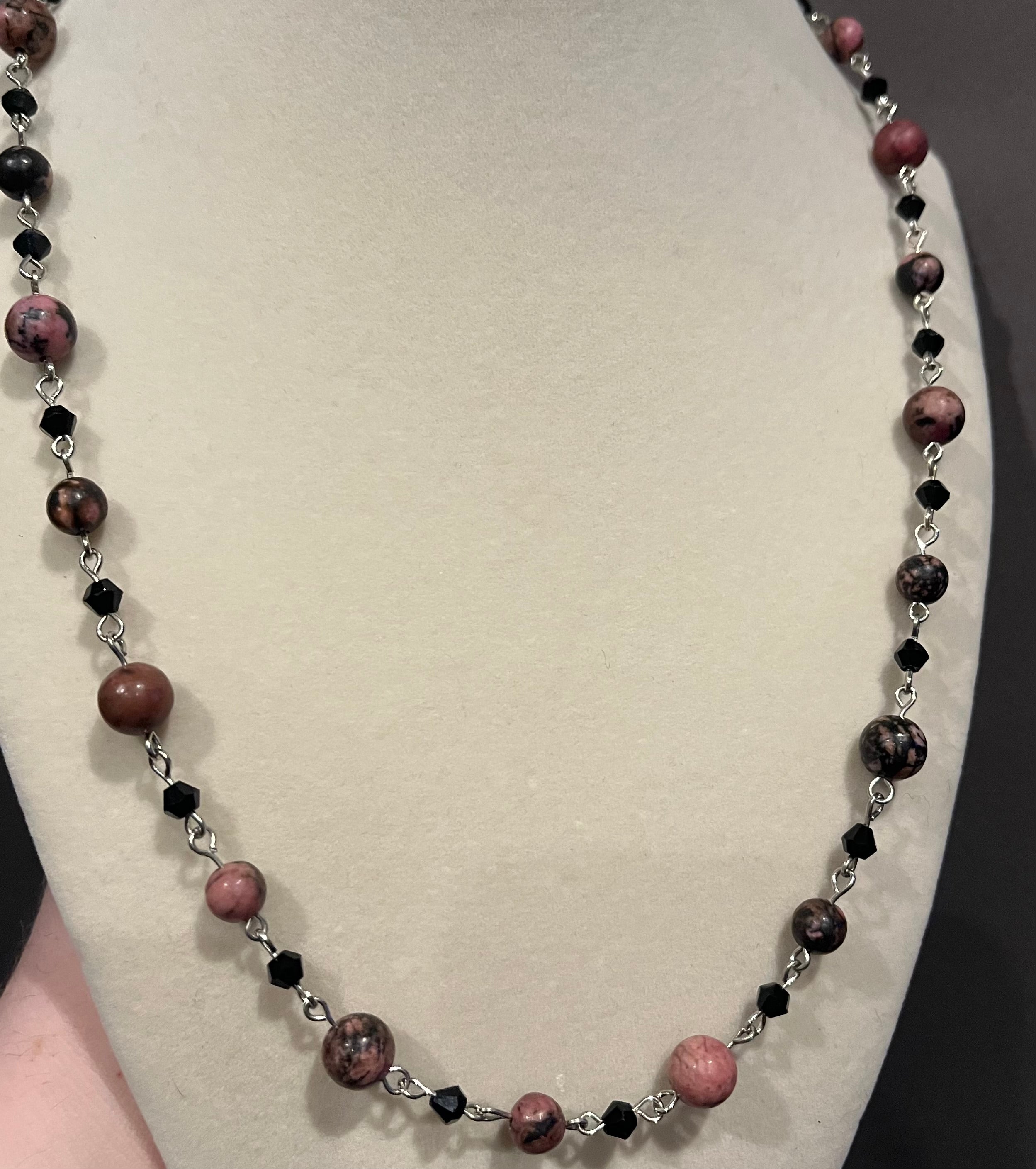 Rhodonite & black glass beaded necklace