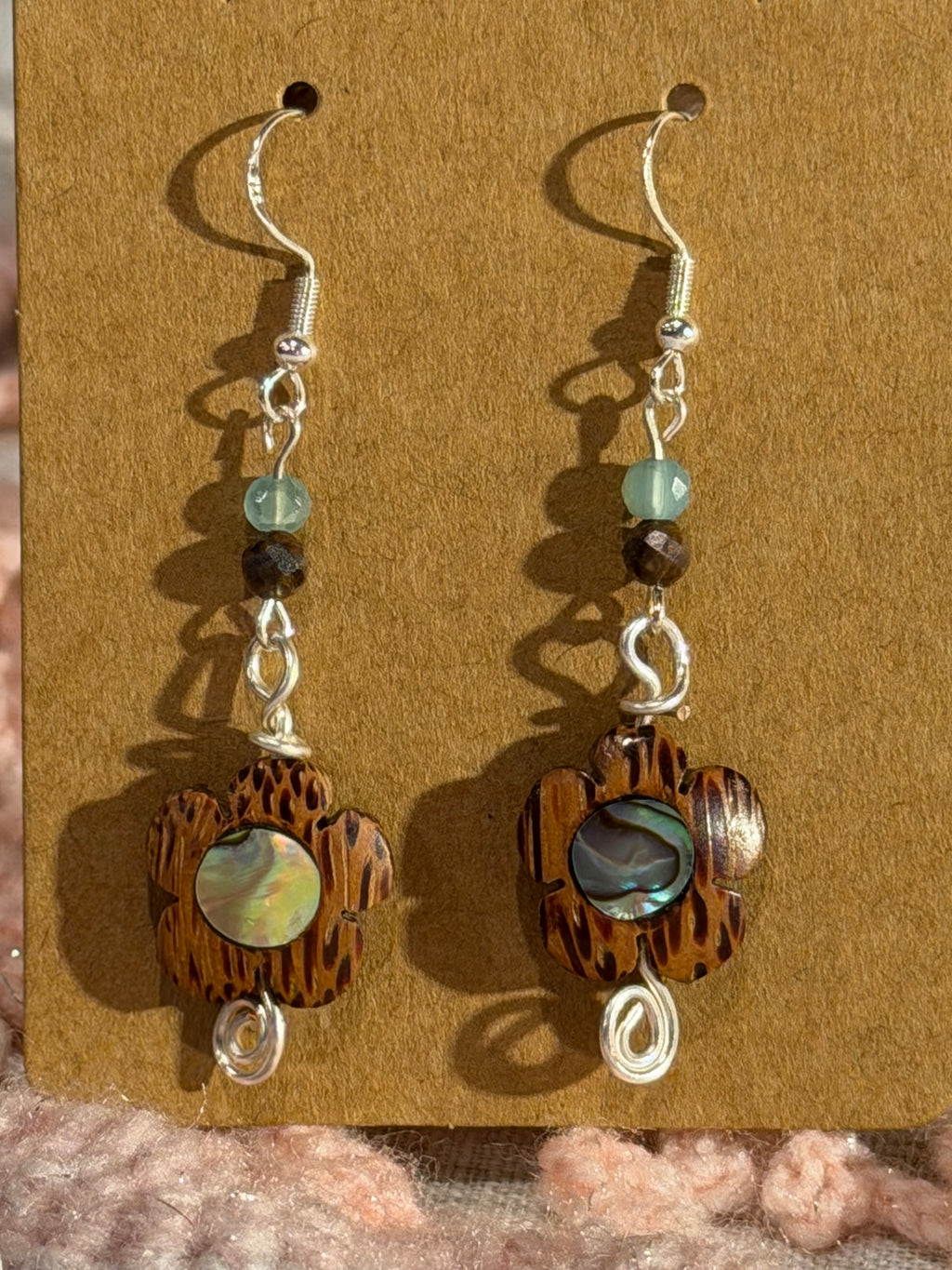 wood & Abalone shell flower dangle earrings