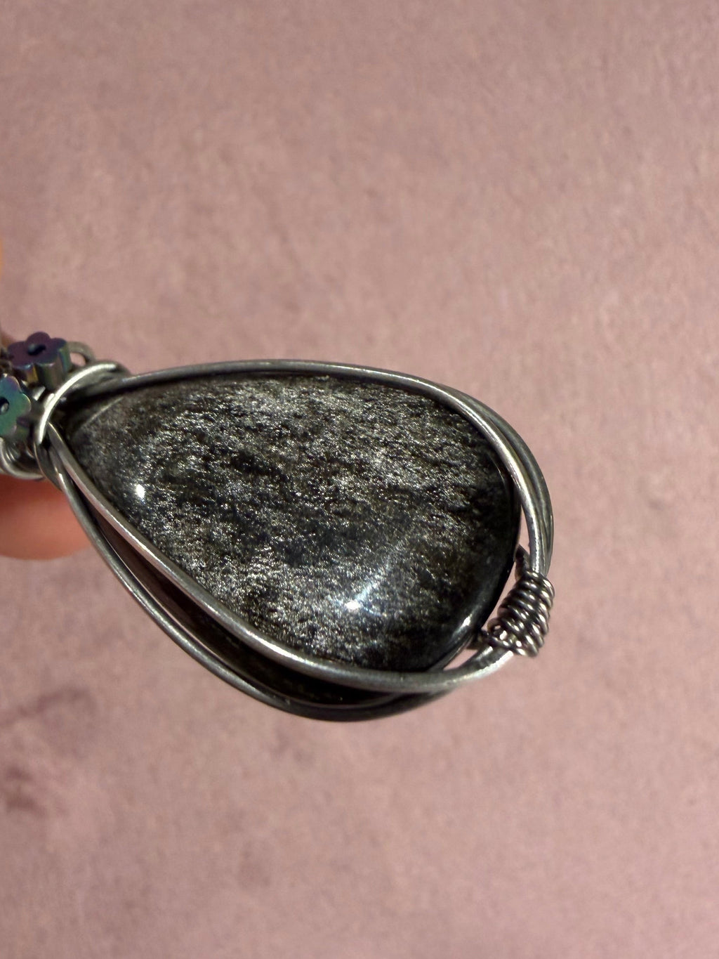 Silver-Sheen Obsidian stainless steel wire-wrapped pendant
