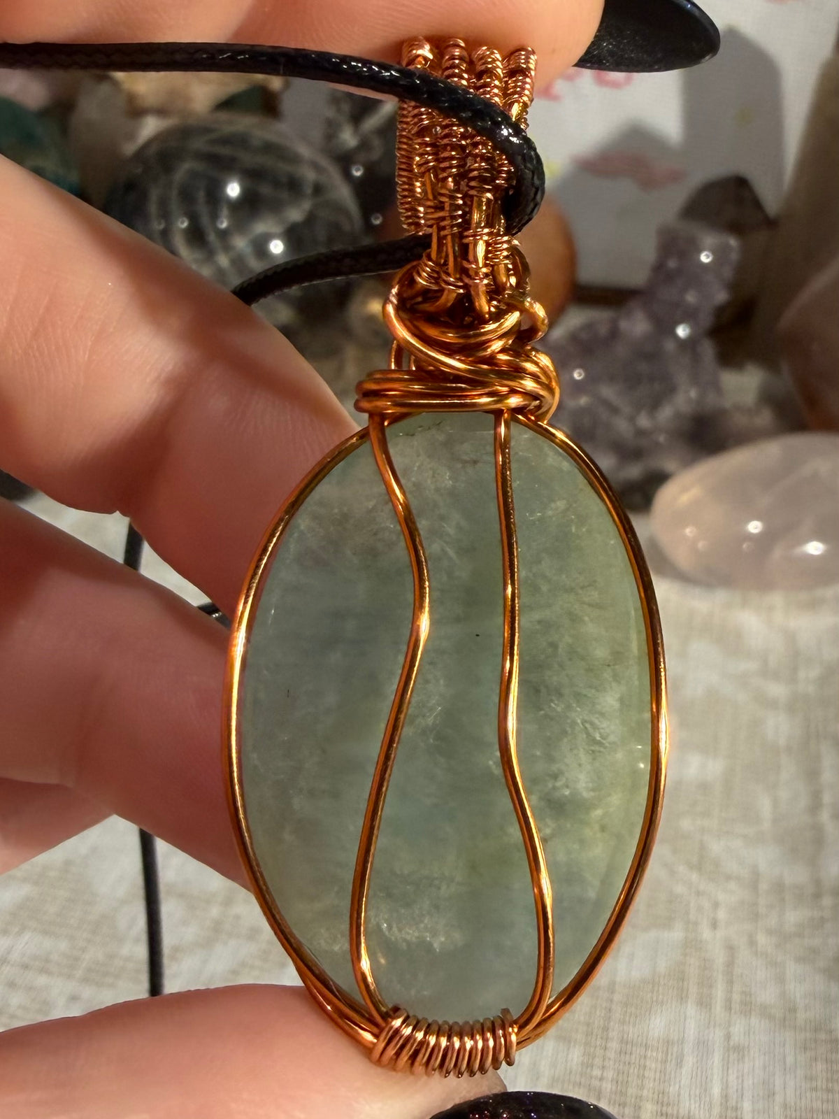 Double Aquamarine copper wire-wrapped pendant