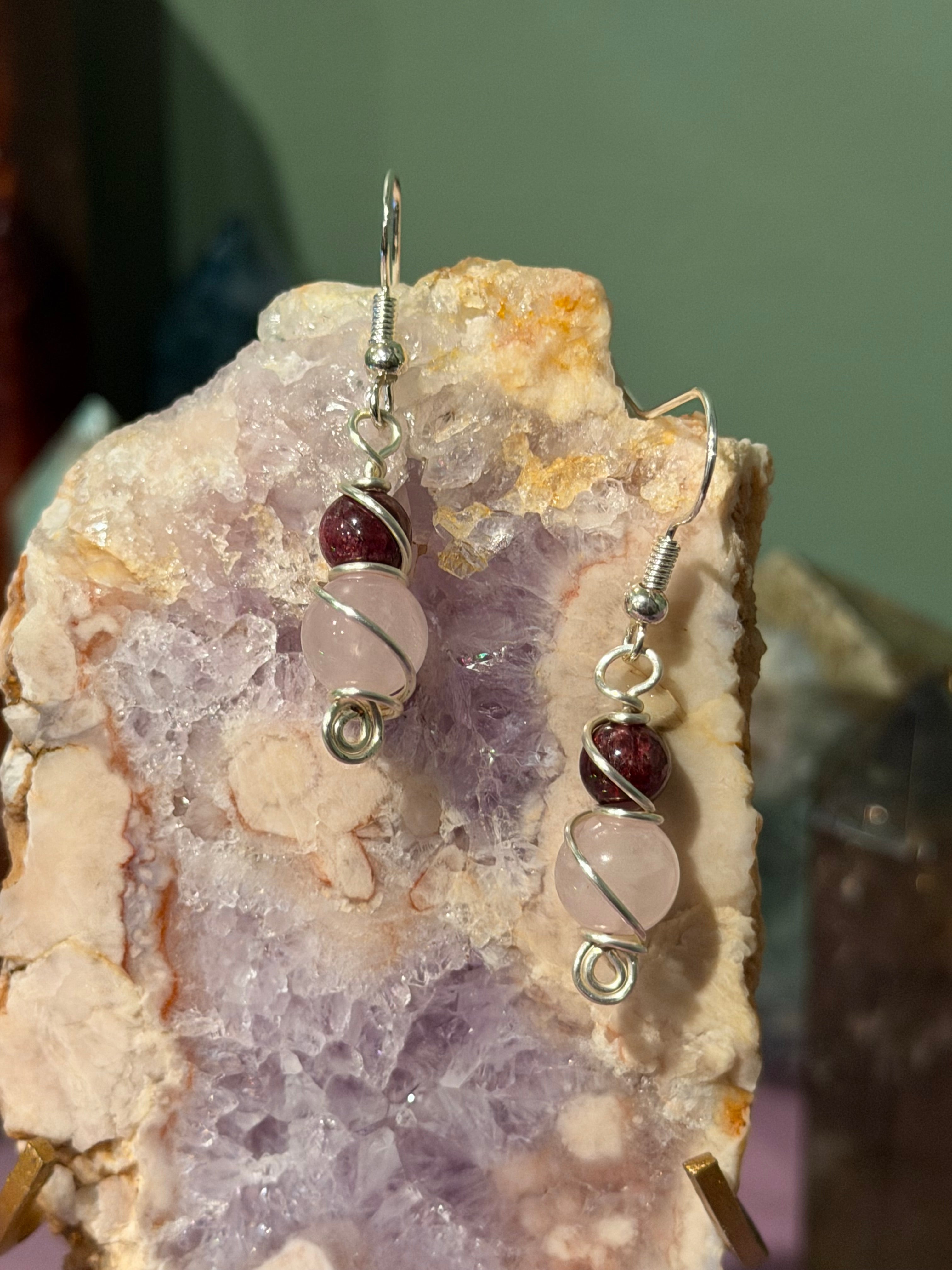 Garnet & Rose Quartz silver-tone copper wire-wrapped earrings