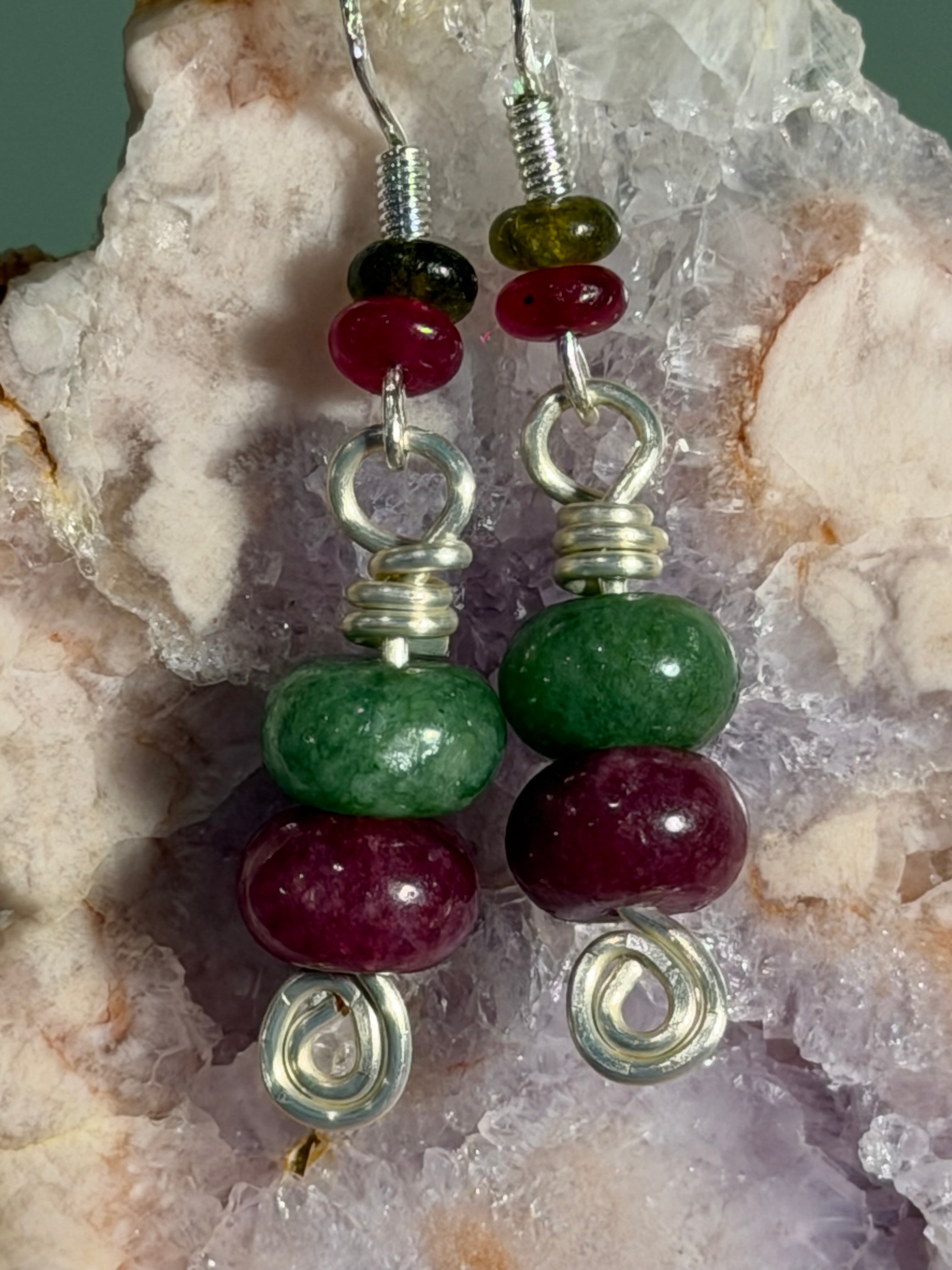 Pink & Green Tourmaline silver-tone earrings