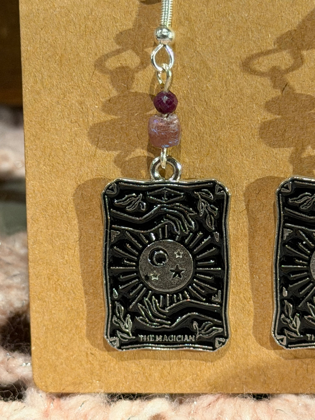 Mystic coated Pink Tourmaline & Ruby tarot card earrings