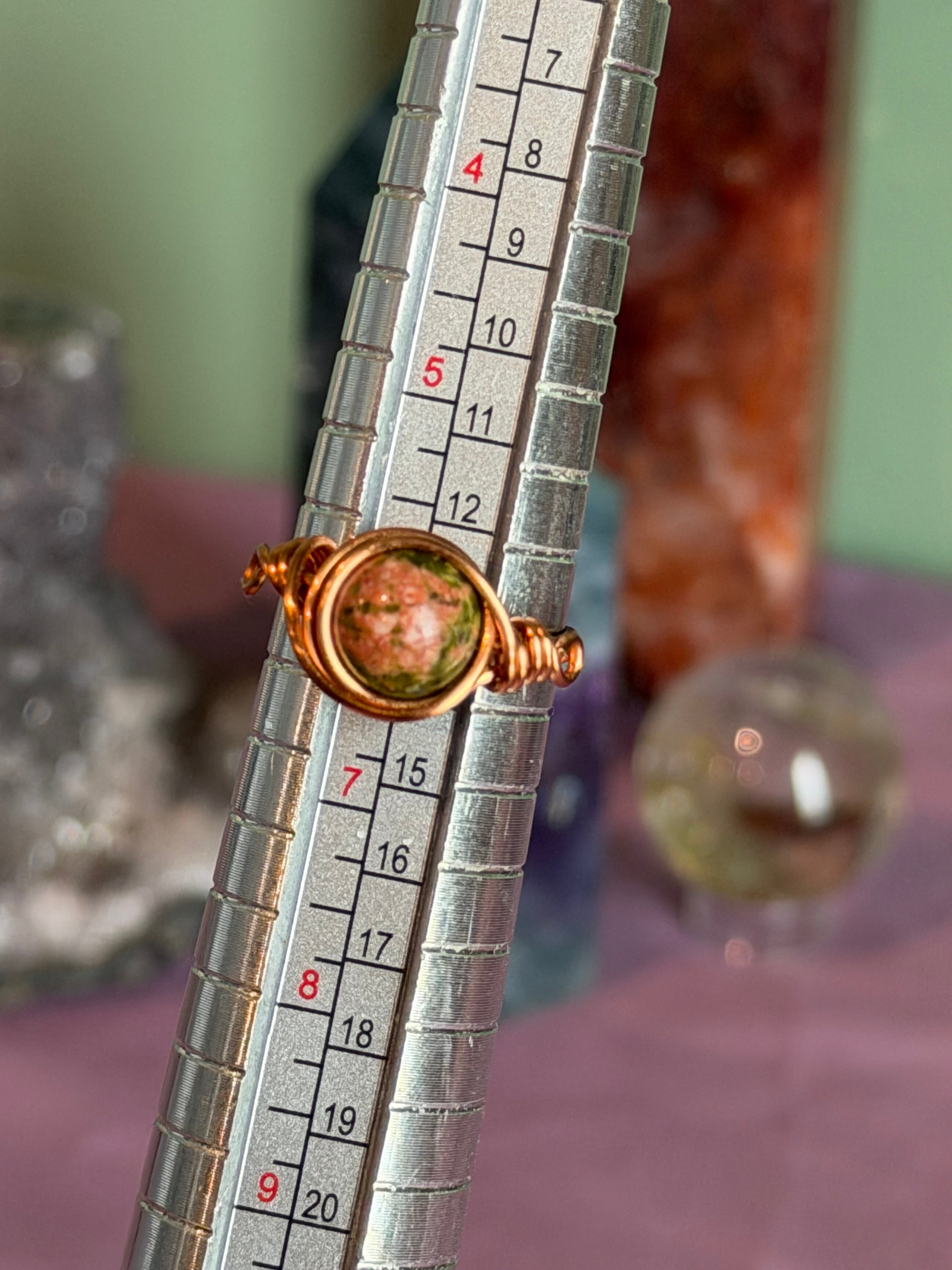 Unakite size 6 copper wire-wrapped ring