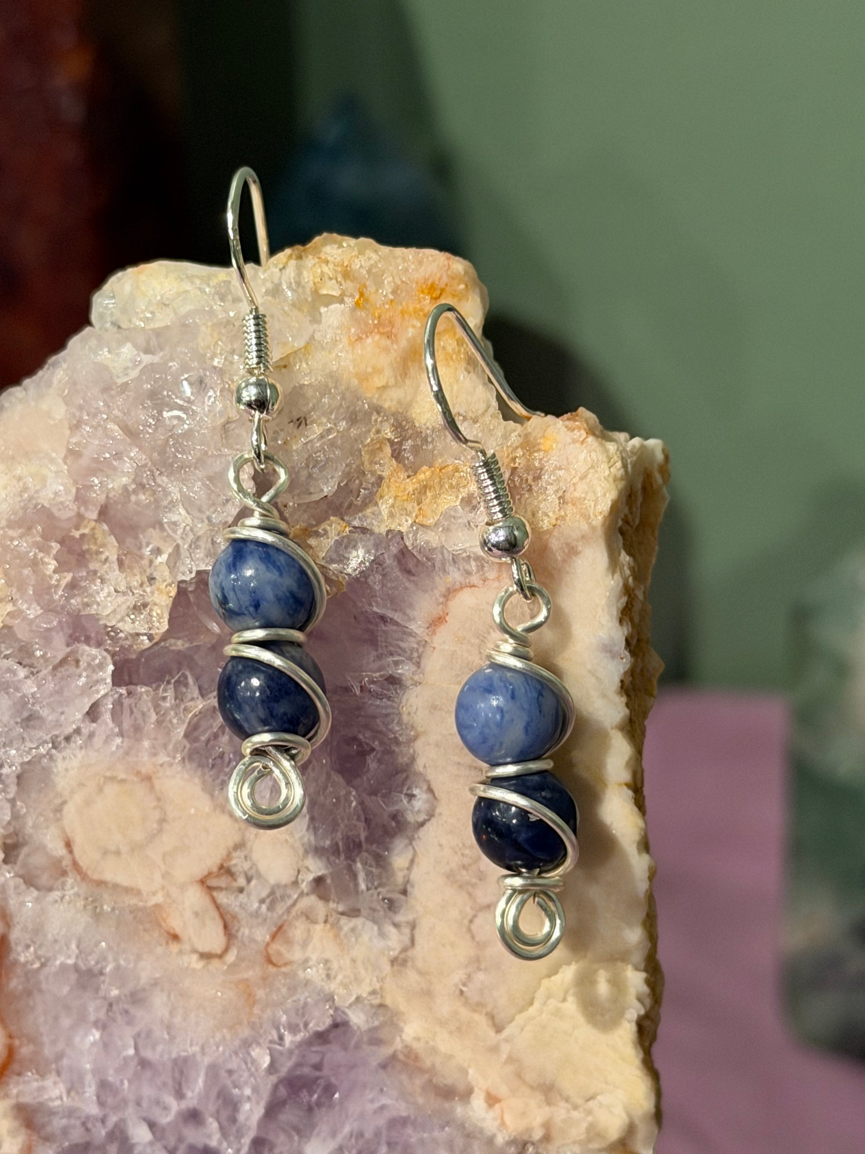 Double Sodalite silver-tone copper wire-wrapped earrings