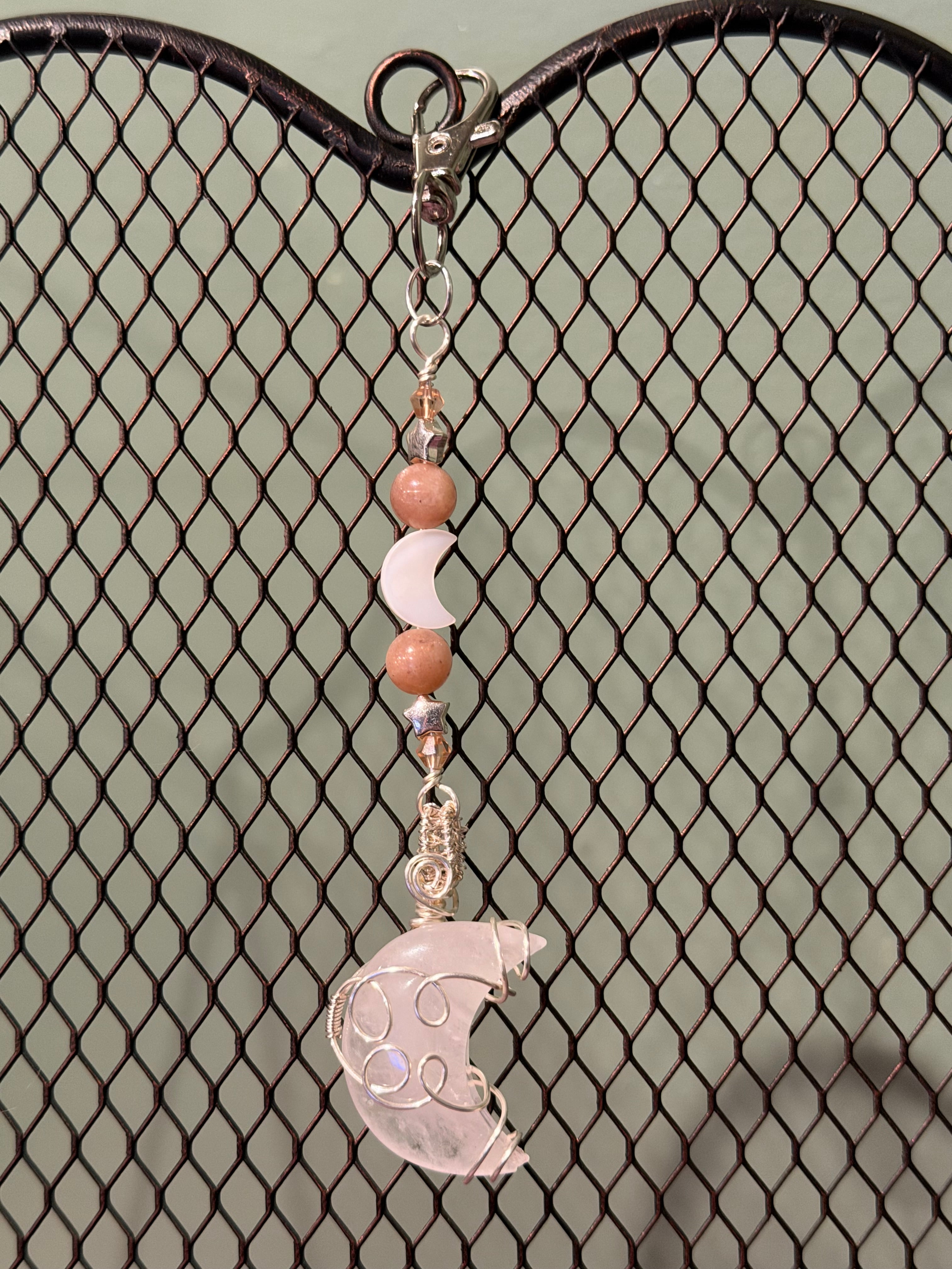 Clear Quartz moon/Peach Moonstone/ Shell moon silver-tone copper wire-wrapped keychain/purse charm