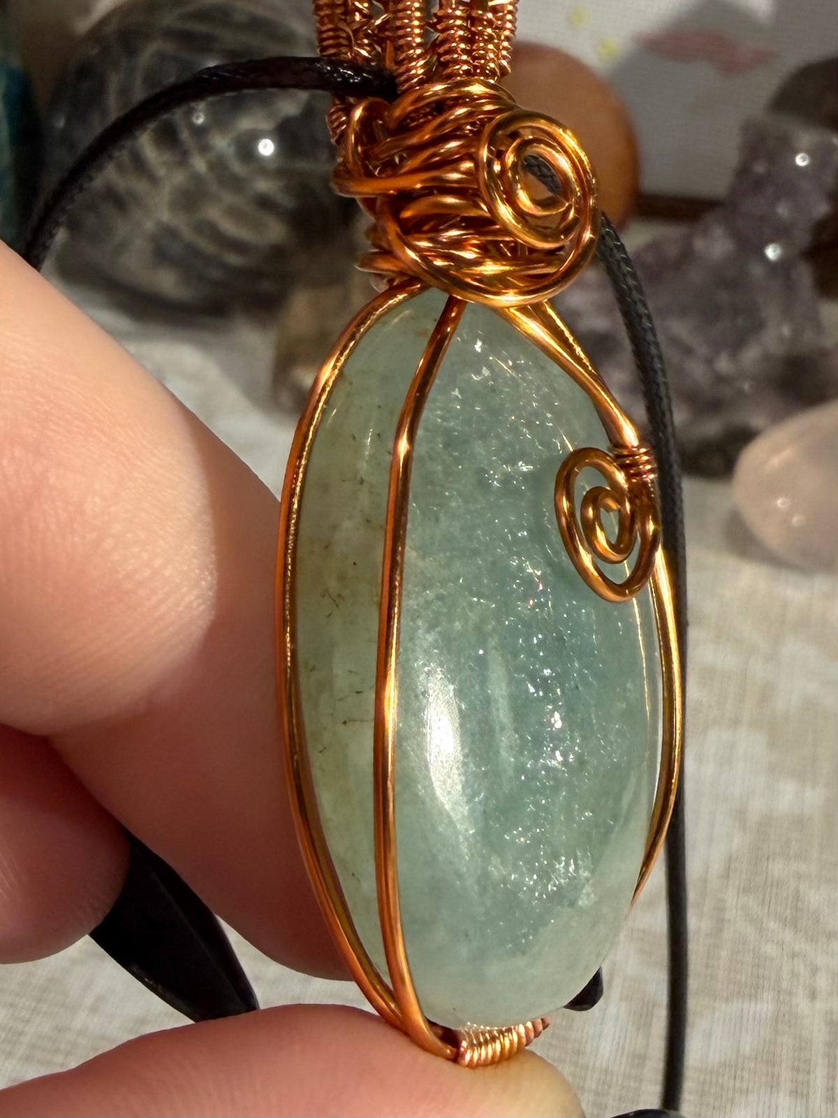 Double Aquamarine copper wire-wrapped pendant