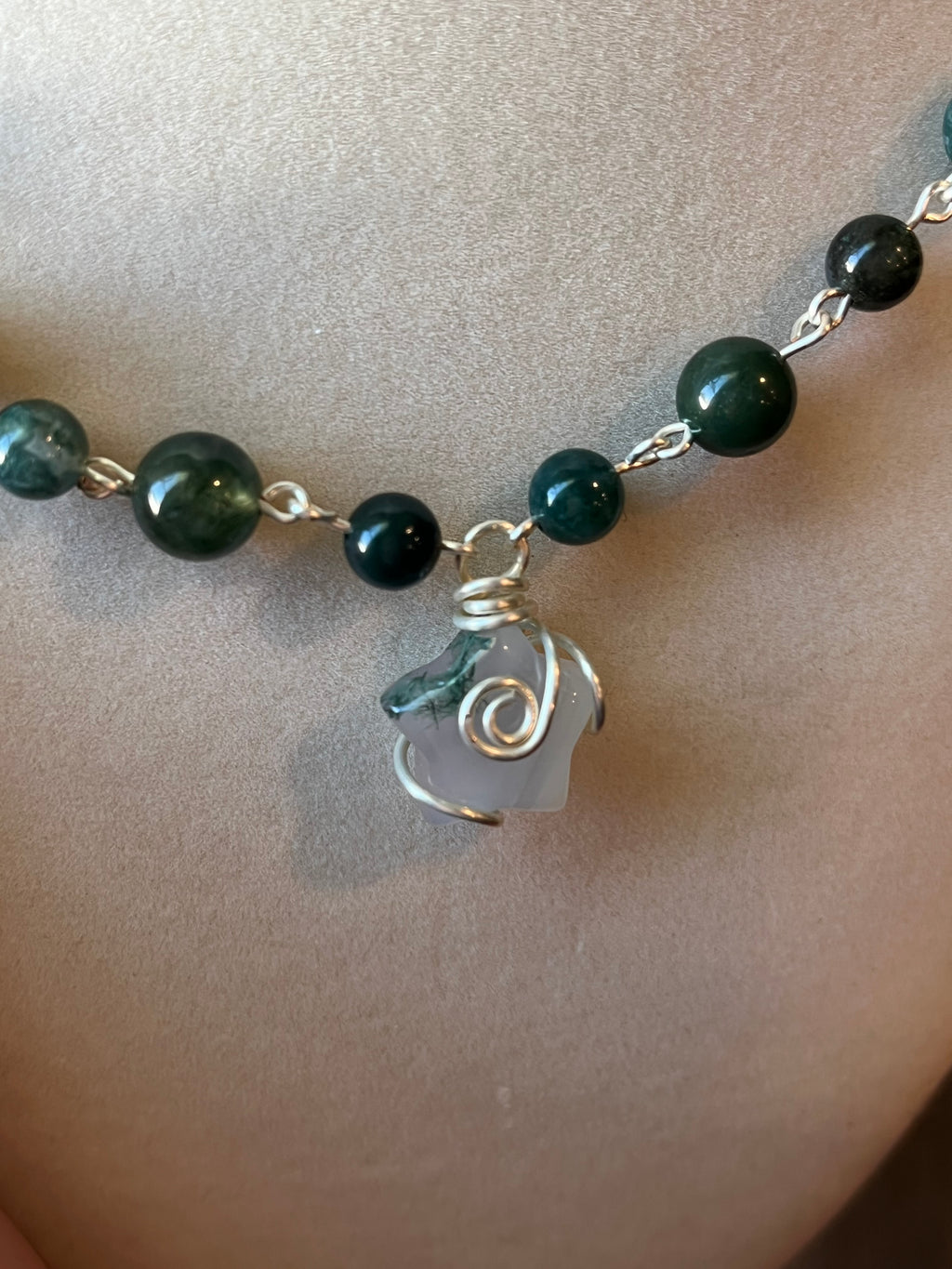 Moss Agate beaded wire-wrapped star necklace